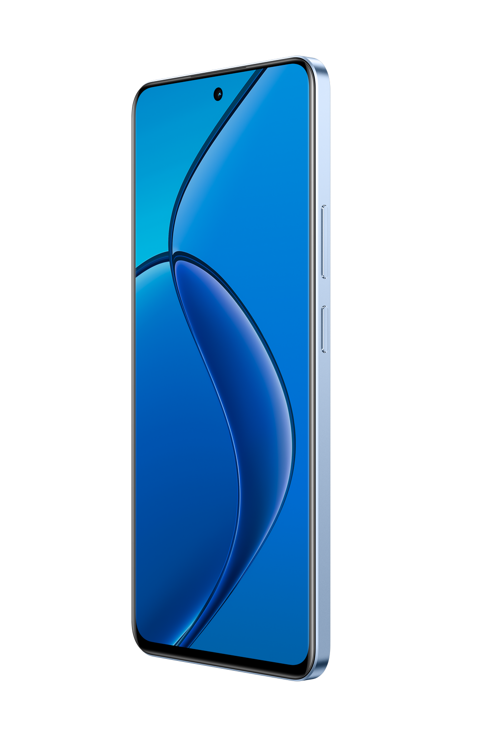 Teléfono azul con pantalla curva, vista lateral.