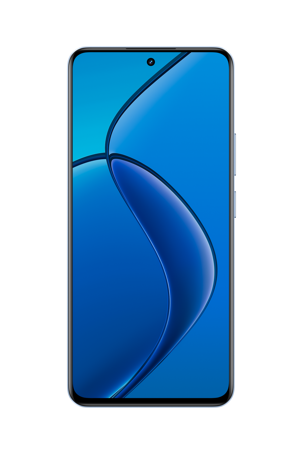 Un smartphone sobre un fondo negro. La pantalla muestra un diseño abstracto azul.