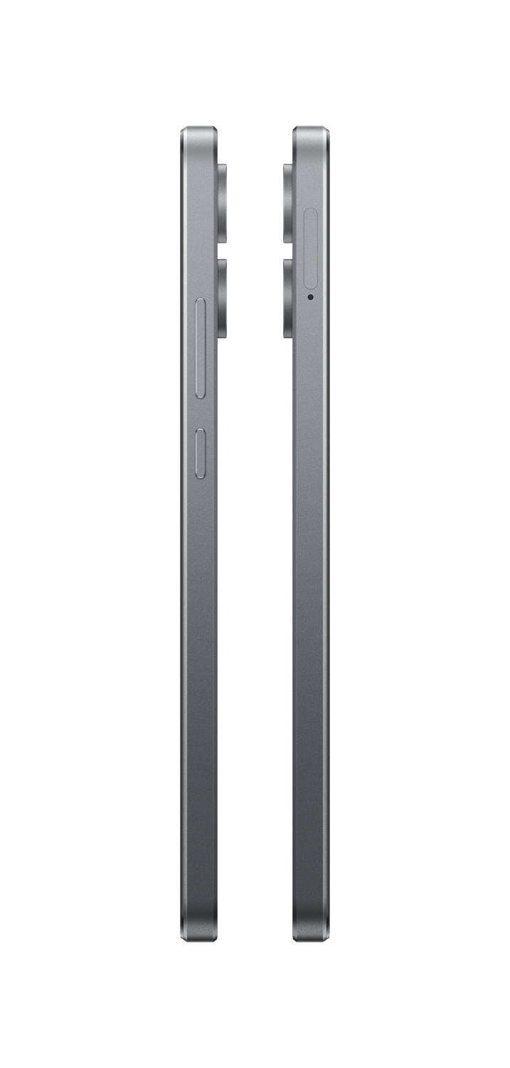 Dos vistas laterales de un teléfono inteligente gris sobre un fondo negro. Los botones son visibles.