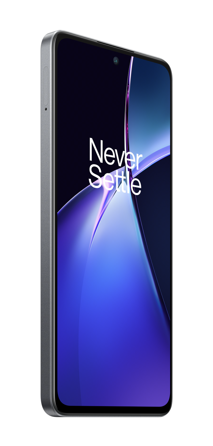 Un teléfono OnePlus gris, que muestra las palabras 'Never Settle'.