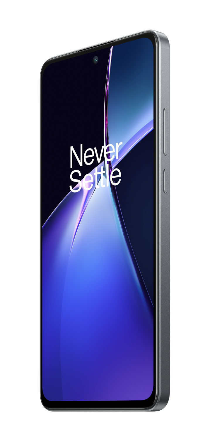 Smartphone sobre fondo negro, mostrando un diseño abstracto azul y morado. Dice 'Never Settle'.