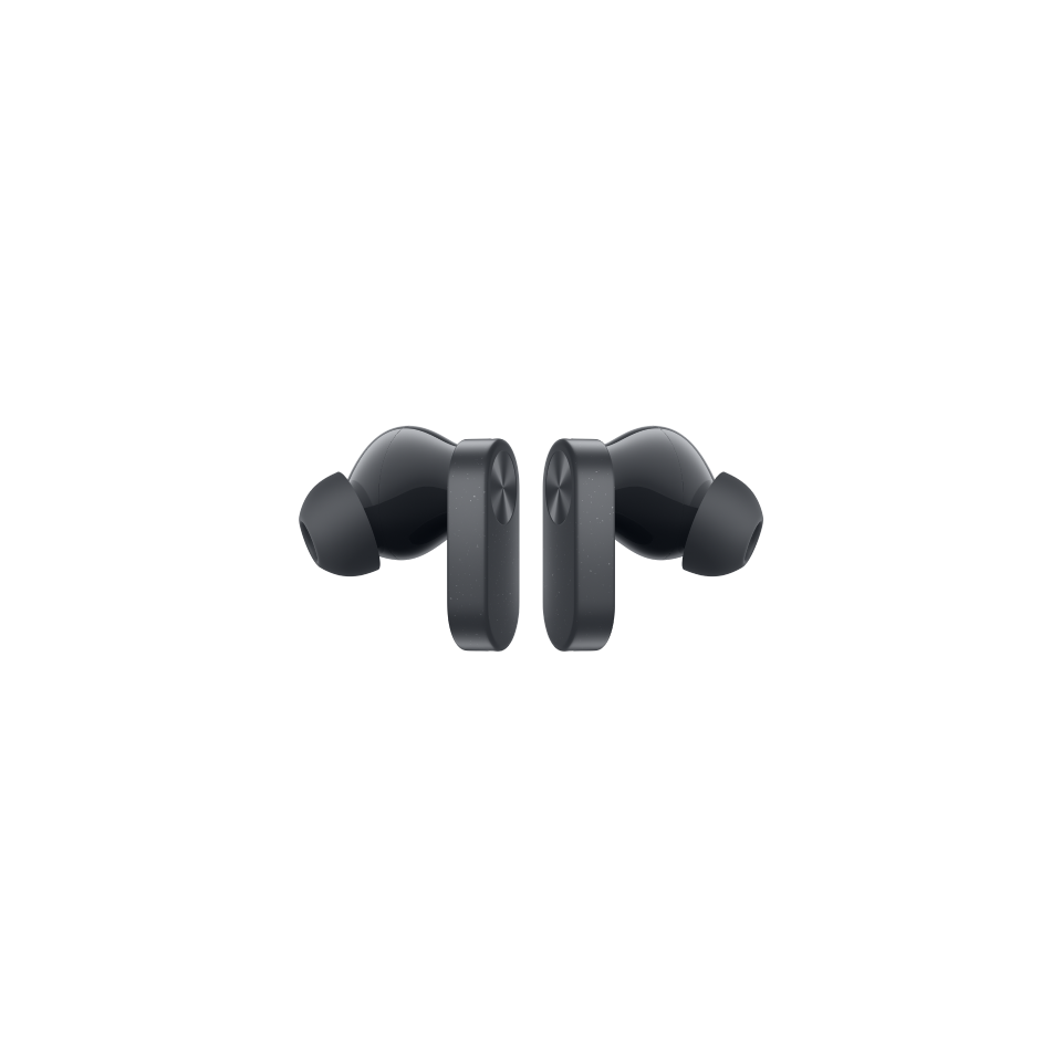 Dos auriculares inalámbricos negros, colocados uno frente al otro sobre un fondo negro.