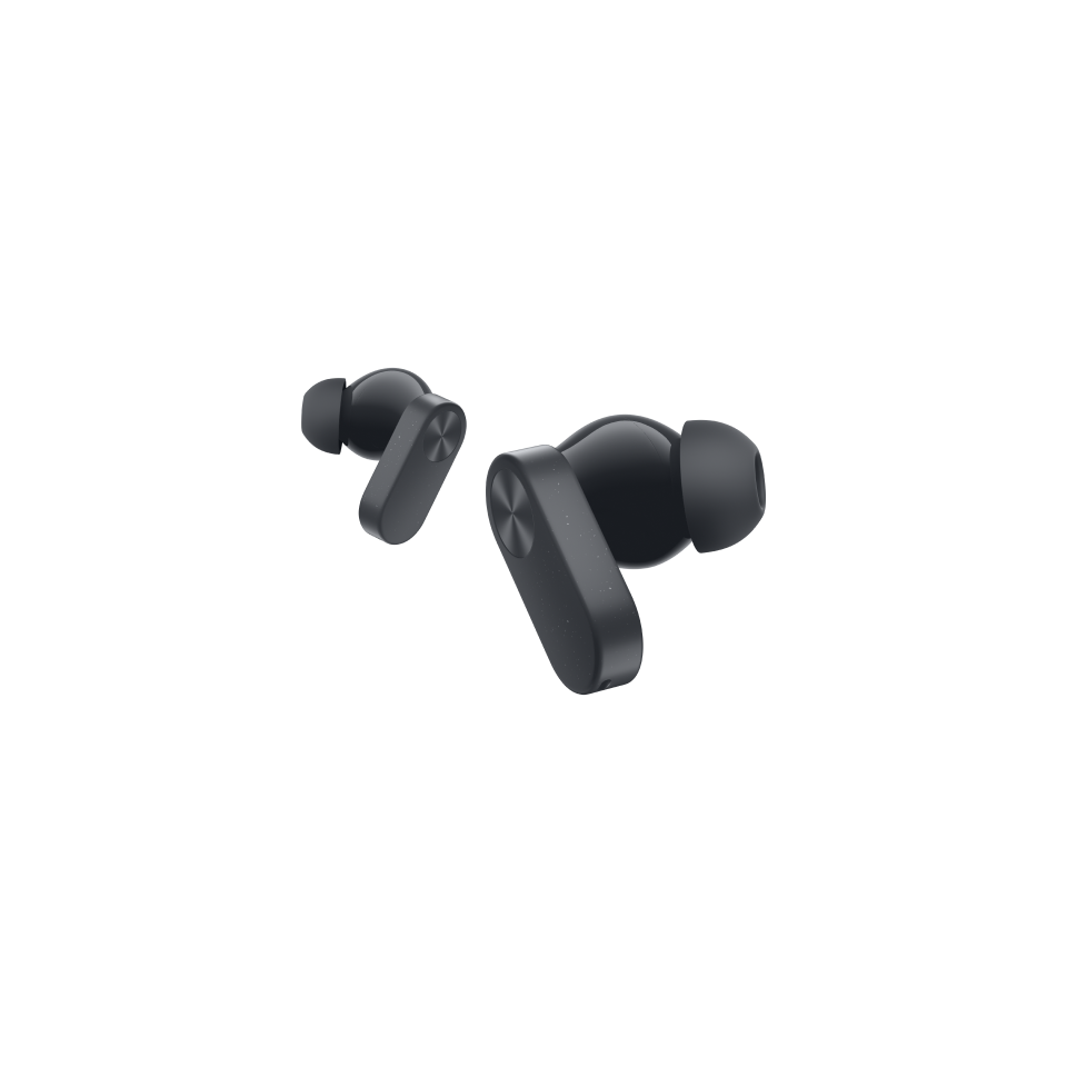 Dos auriculares negros sobre un fondo negro. Son inalámbricos y tienen un diseño suave.