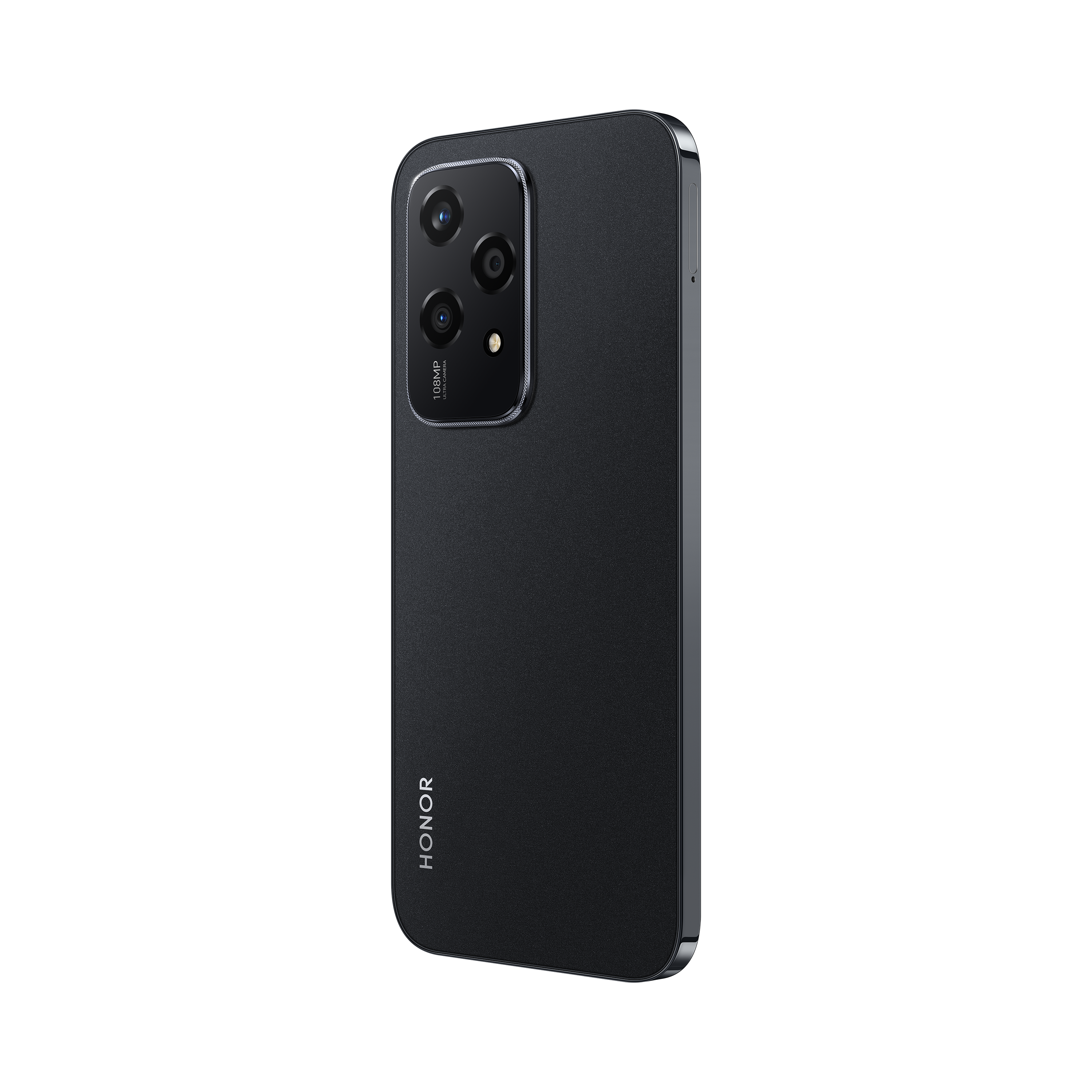 Teléfono Honor negro, vista trasera, con tres cámaras. El logo de Honor es visible.