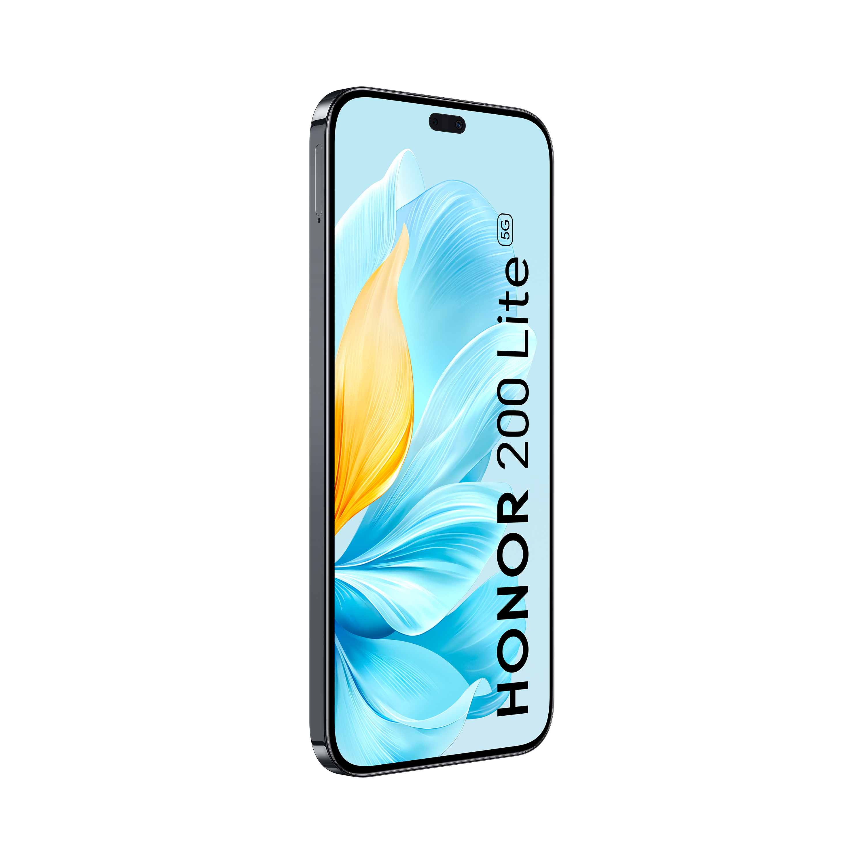 Teléfono Honor 200 Lite con un fondo floral azul y blanco.