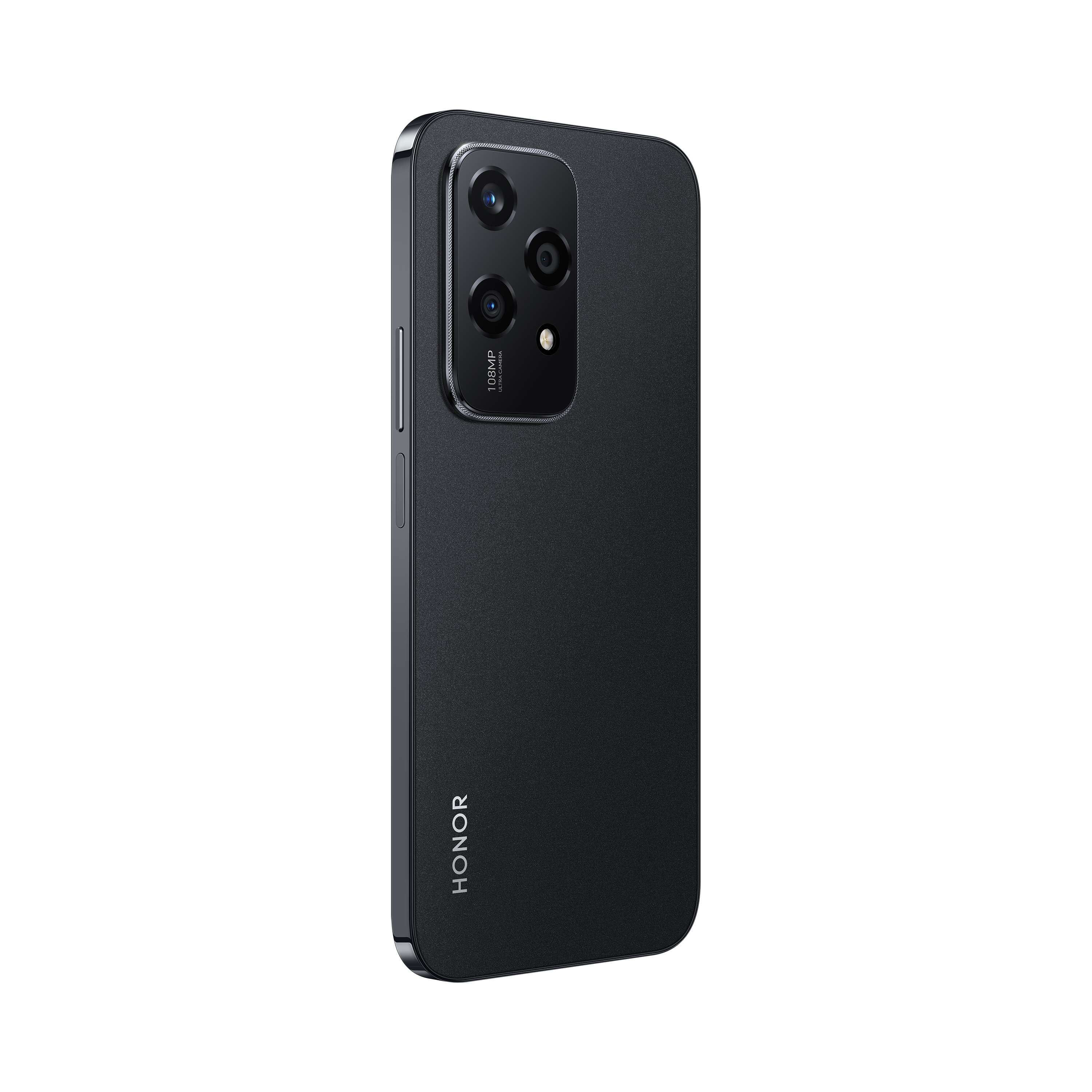 Un teléfono negro con HONOR escrito y una cámara triple. El fondo es negro.