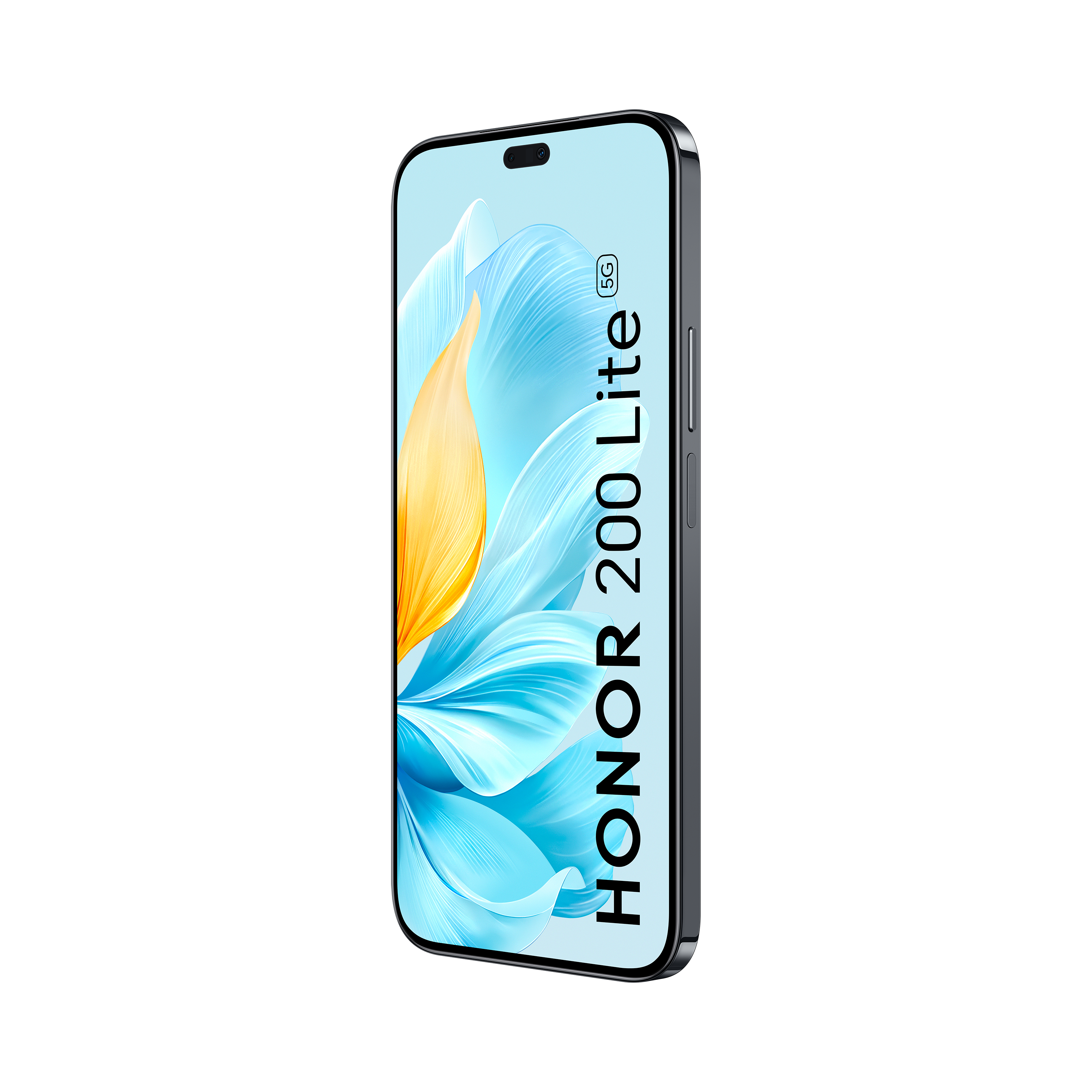 Un smartphone negro muestra una imagen floral. El teléfono está inclinado contra un fondo negro.