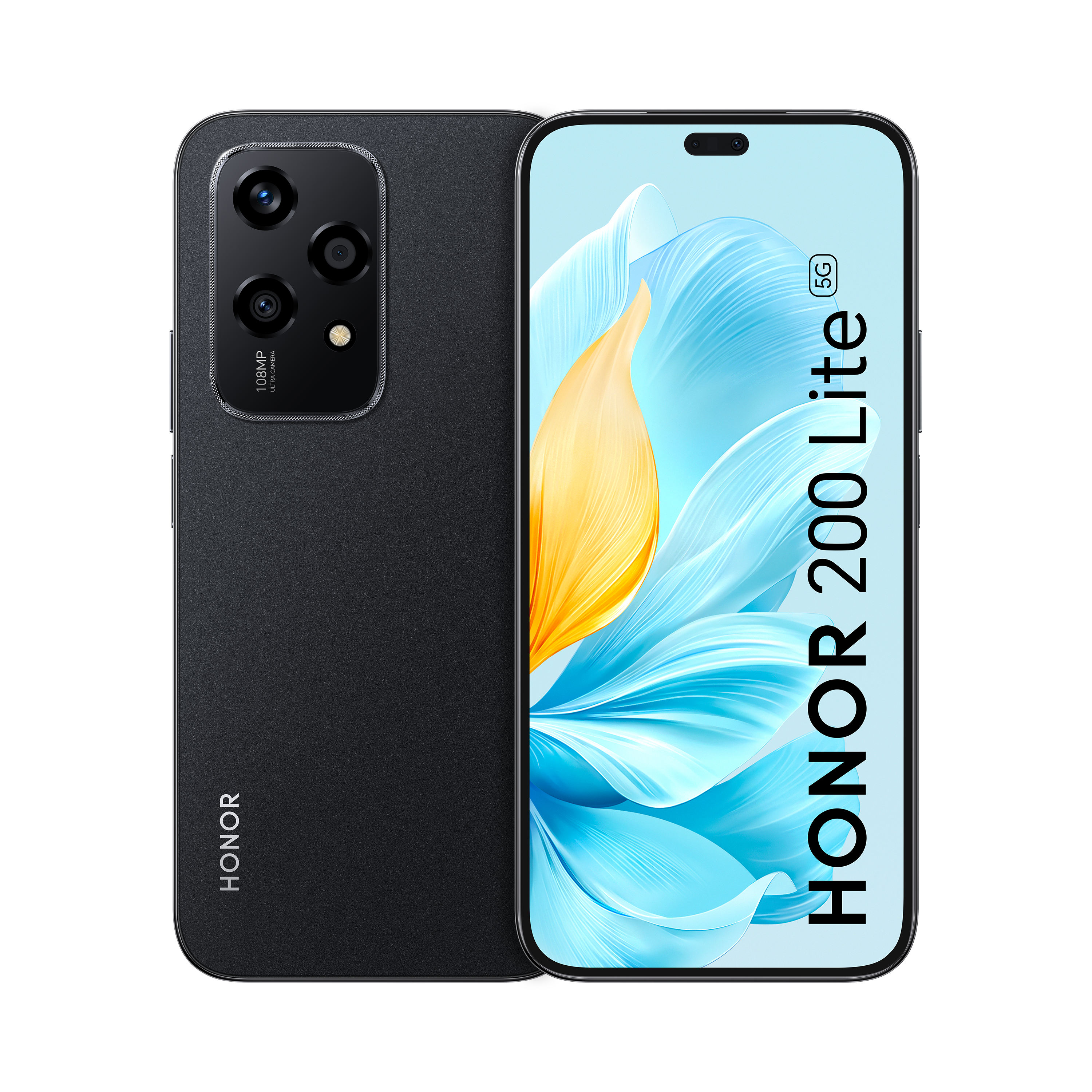 Smartphone HONOR 200 Lite 5G negro, mostrando ambas caras sobre fondo negro.