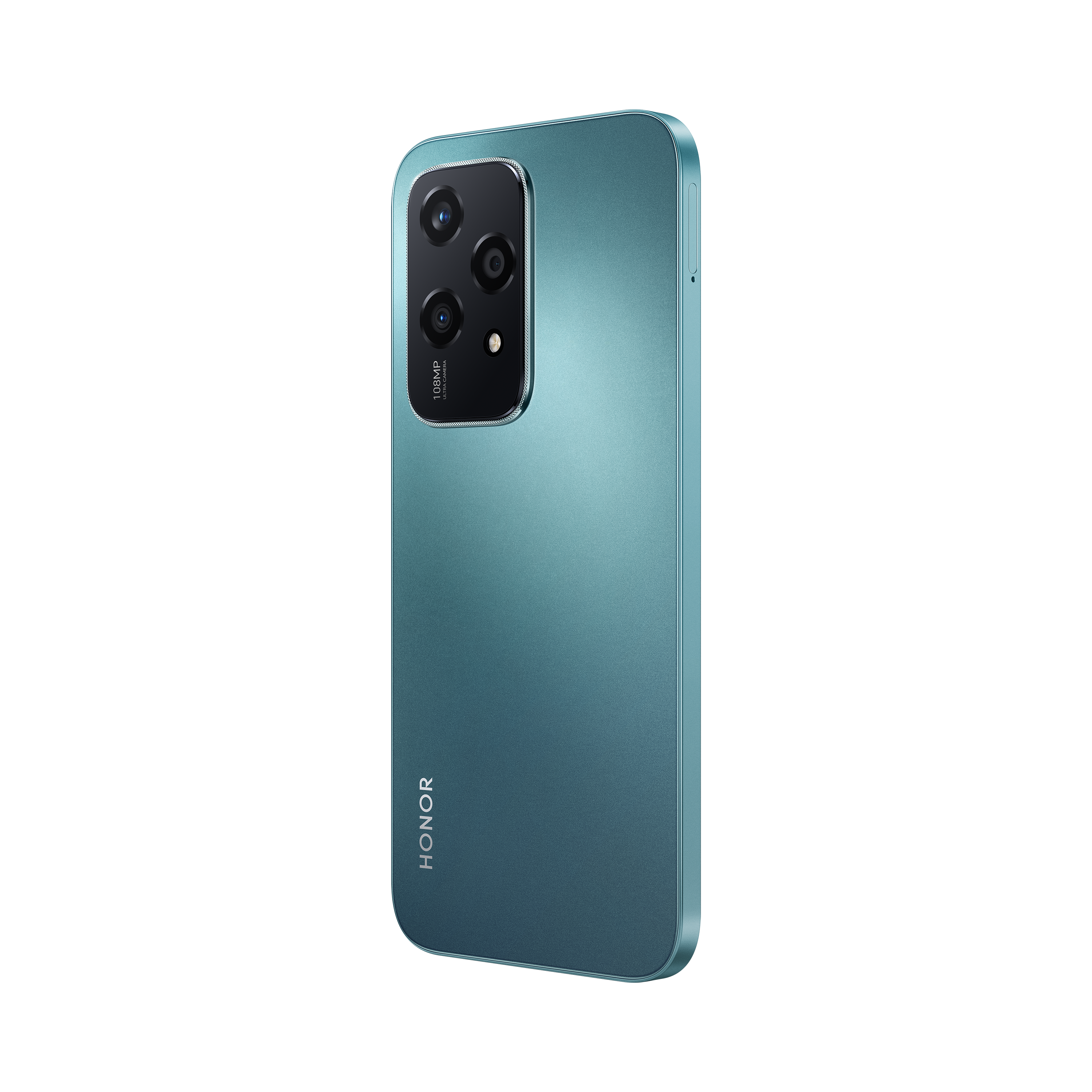 Un smartphone de color verde azulado. El teléfono se ve desde atrás, ligeramente en ángulo.