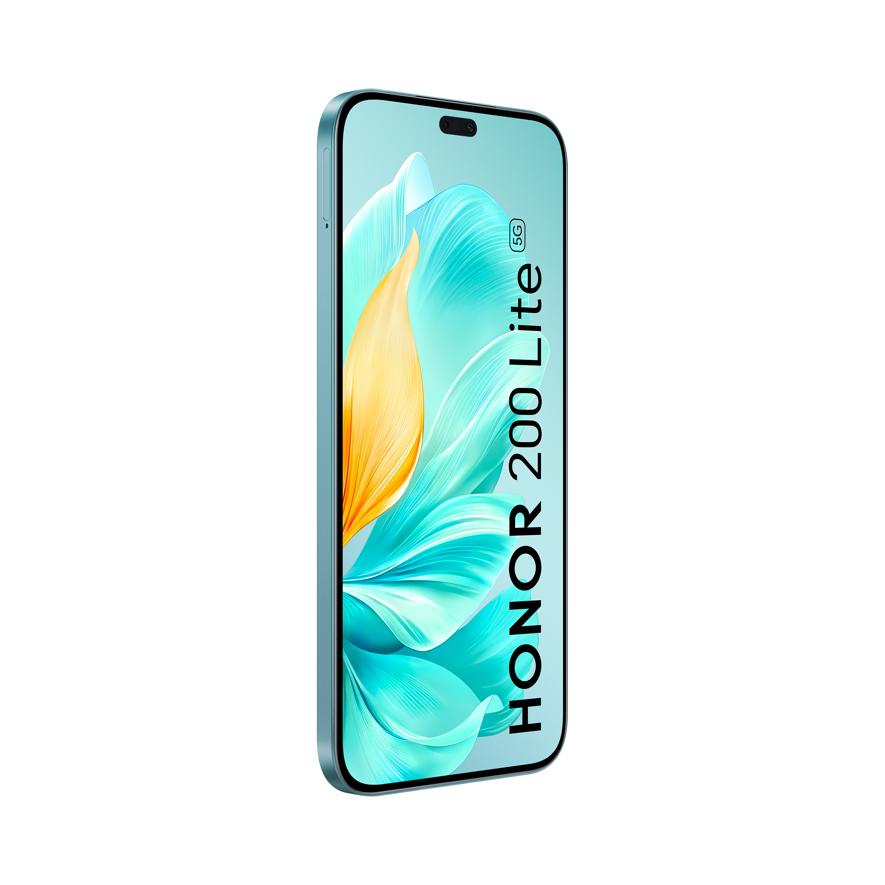 Un smartphone turquesa con una pantalla que muestra un diseño floral. Fondo negro.