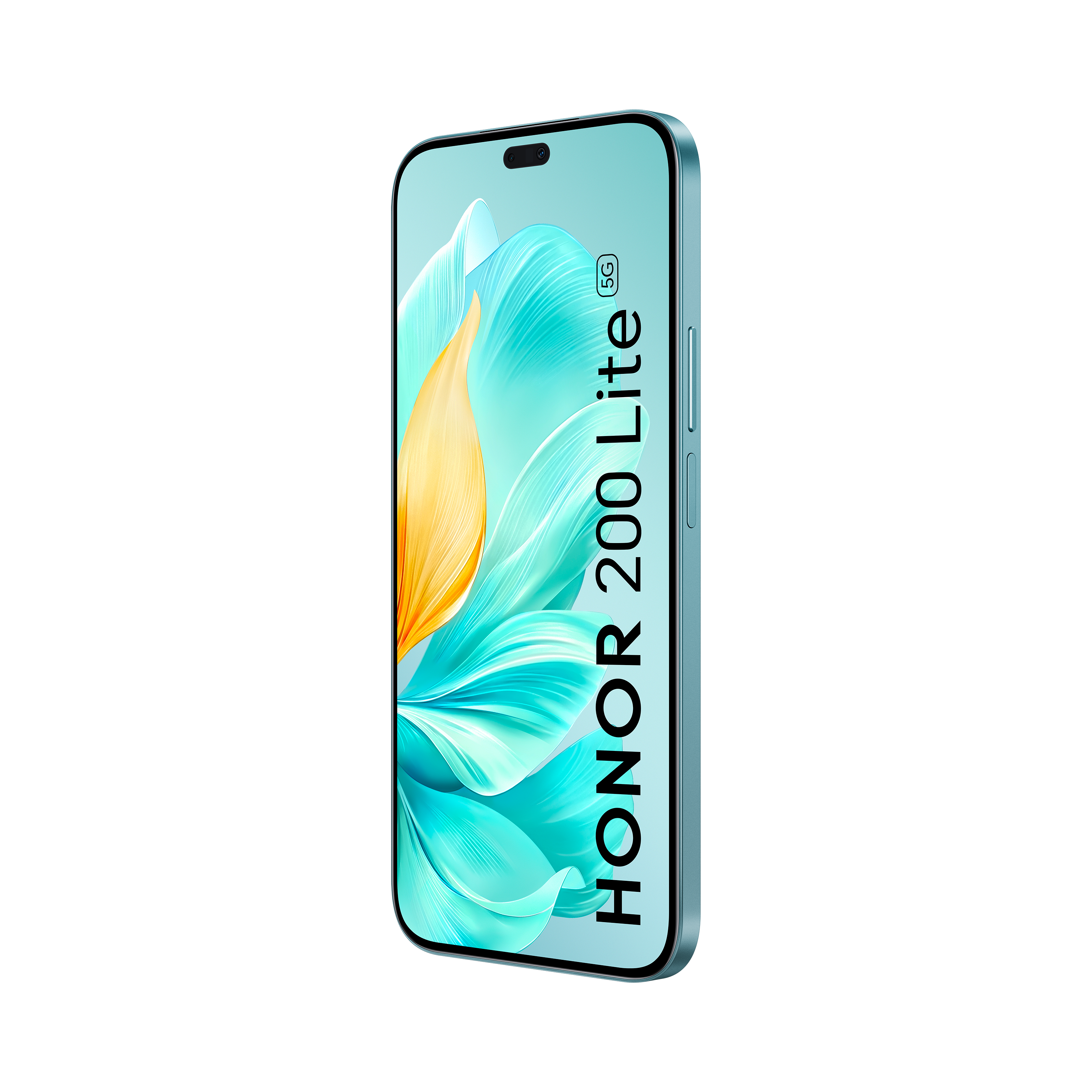 Smartphone azul con pantalla floral, vista lateral, fondo negro.