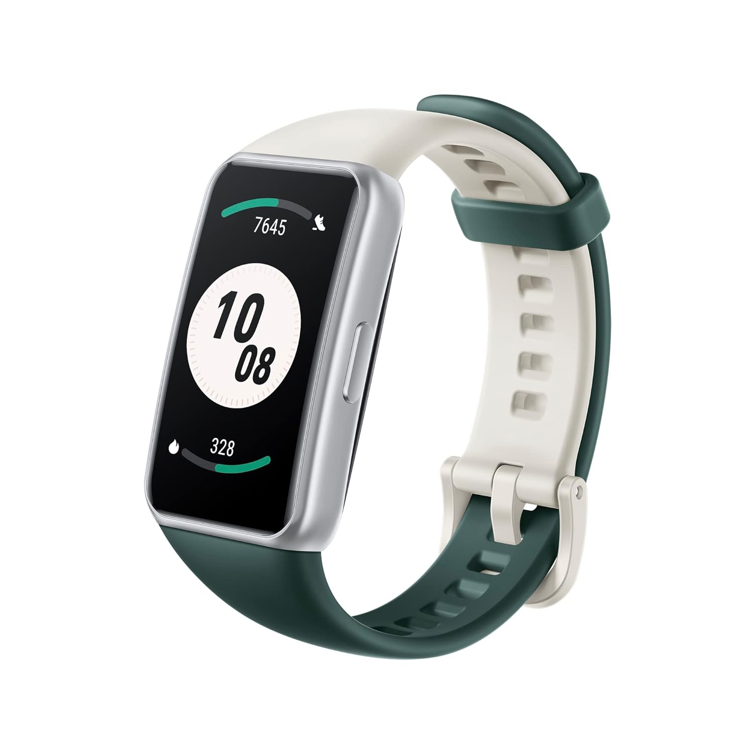 Un reloj inteligente con marco plateado y correa verde y blanca, que muestra la hora y las estadísticas.