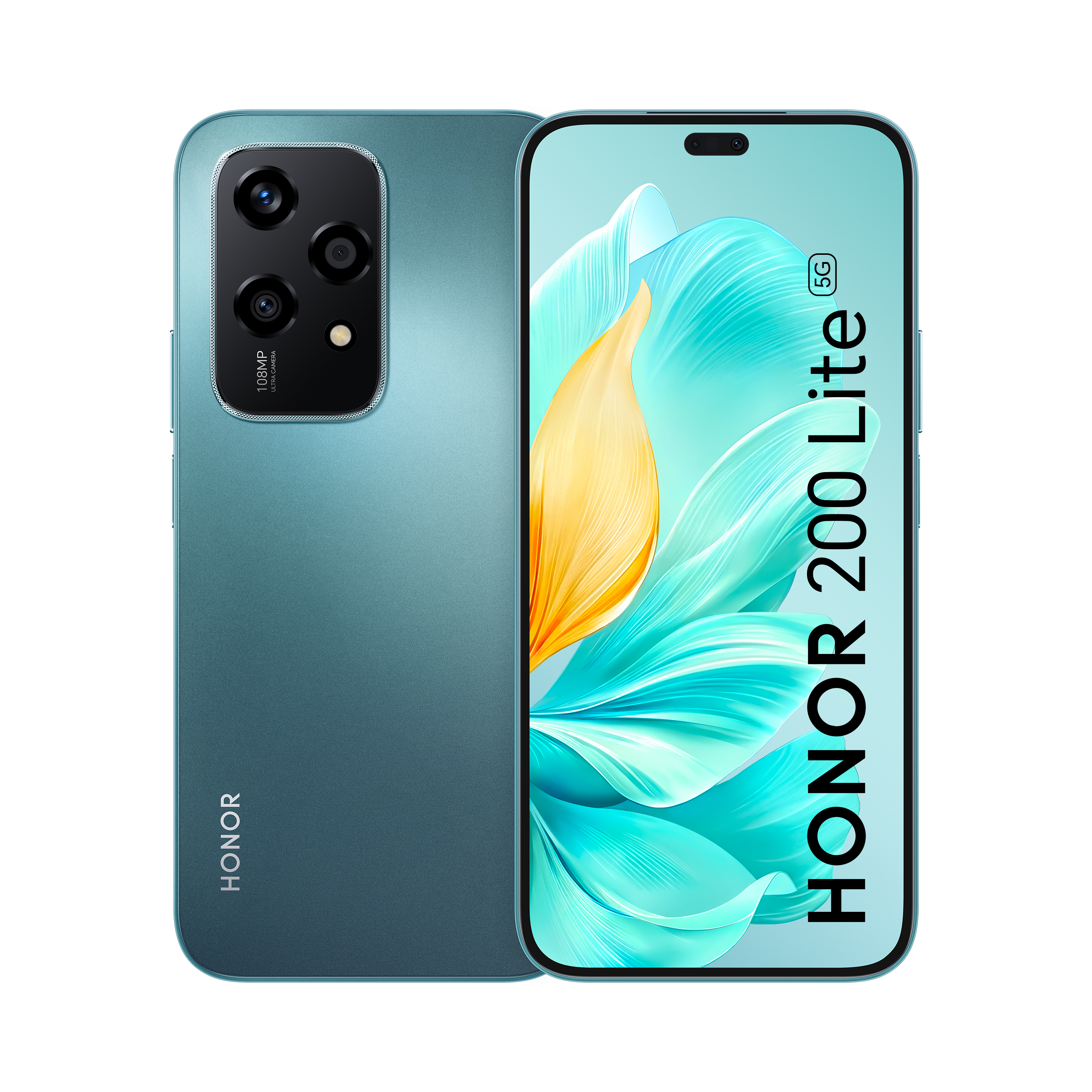 Un smartphone Honor 200 Lite 5G turquesa, con configuración de cámara dual y la interfaz en pantalla.