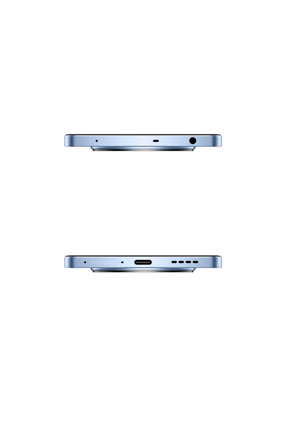 Dos lados de un teléfono azul claro sobre fondo negro. Arriba altavoz, abajo puertos.