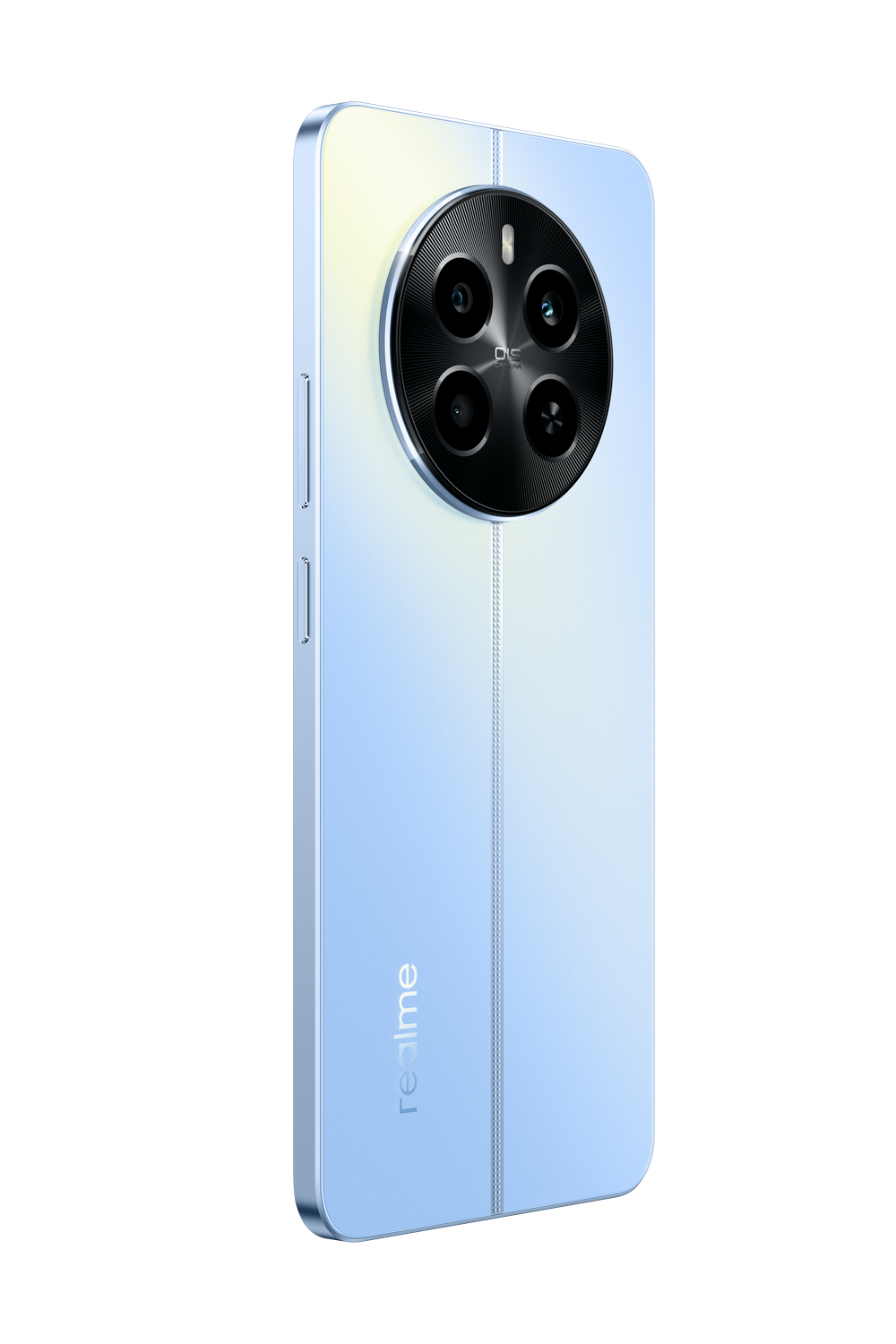 Un teléfono inteligente Realme azul claro, con un gran módulo de cámara circular. Vista trasera, fondo negro.