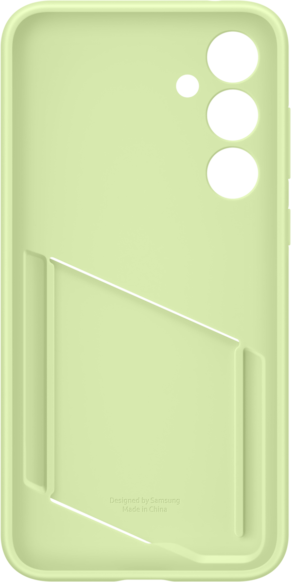 Une coque de téléphone vert clair avec une fente pour carte à l'arrière et le texte 'Designed by Samsung'.