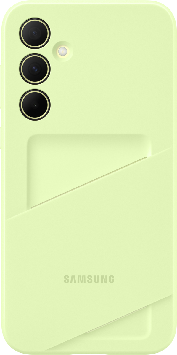 Une coque de téléphone vert clair avec des découpes pour la caméra et un emplacement pour carte intégré.