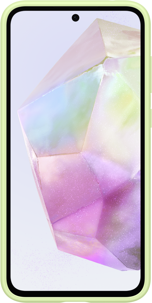 Un smartphone avec une coque vert clair. L'écran affiche une forme géométrique cristalline.