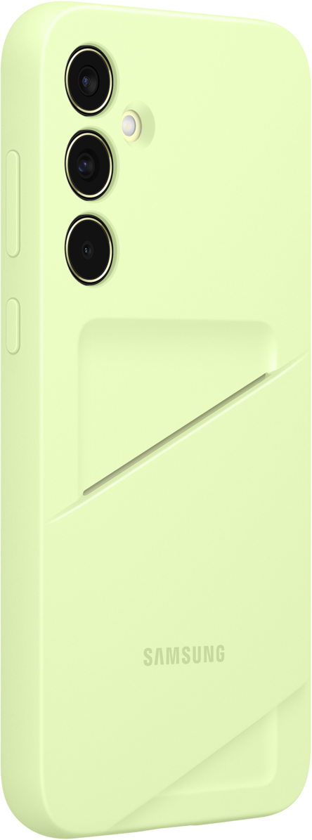 Téléphone Samsung vert clair avec objectifs et fente pour carte.