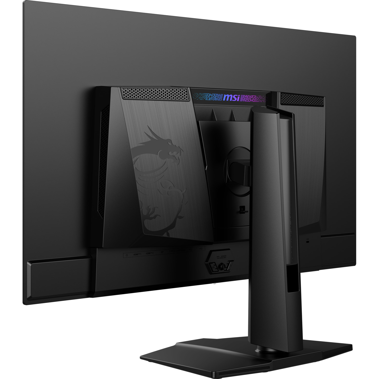 Black MSI monitor, back view. Features a dragon design, MSI logo, and various input ports. It is on a stand.
