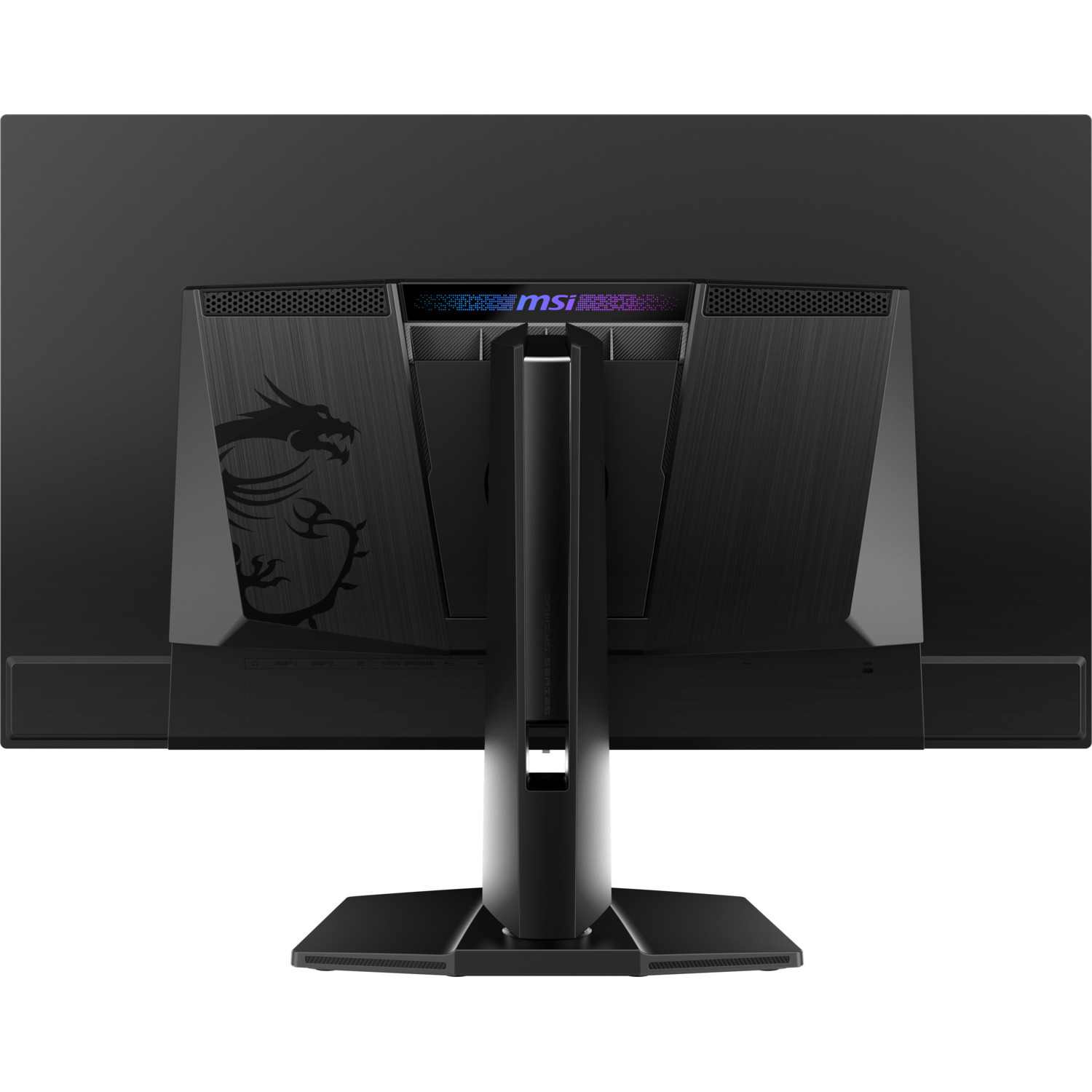 Back of a black computer monitor. Features the MSI logo and a dragon design.