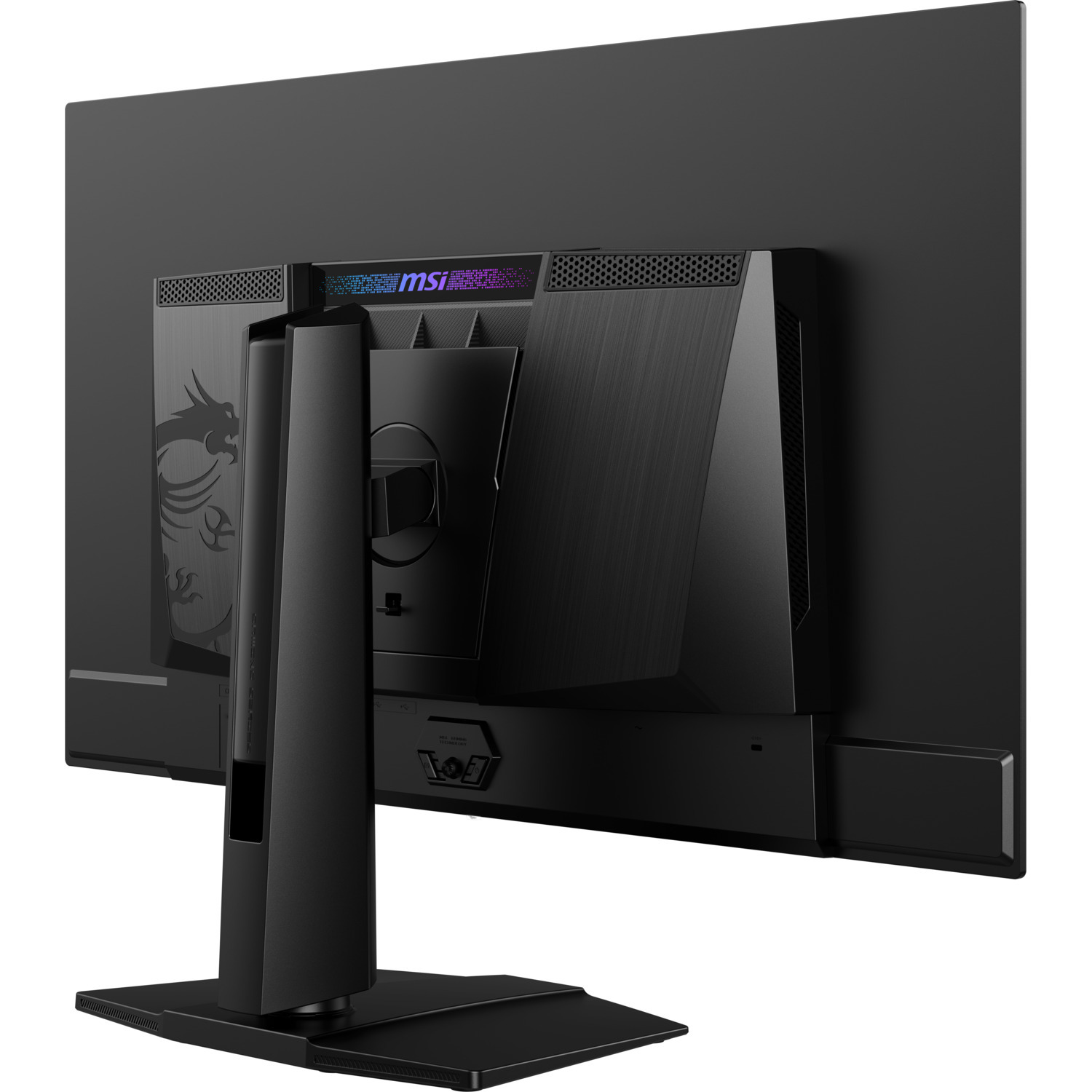 Back of a computer monitor. Features MSI logo, stand, and a design with vents.