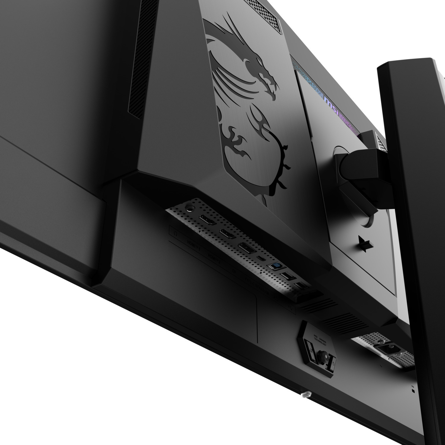 Black MSI monitor from below. It features the MSI logo and various ports.