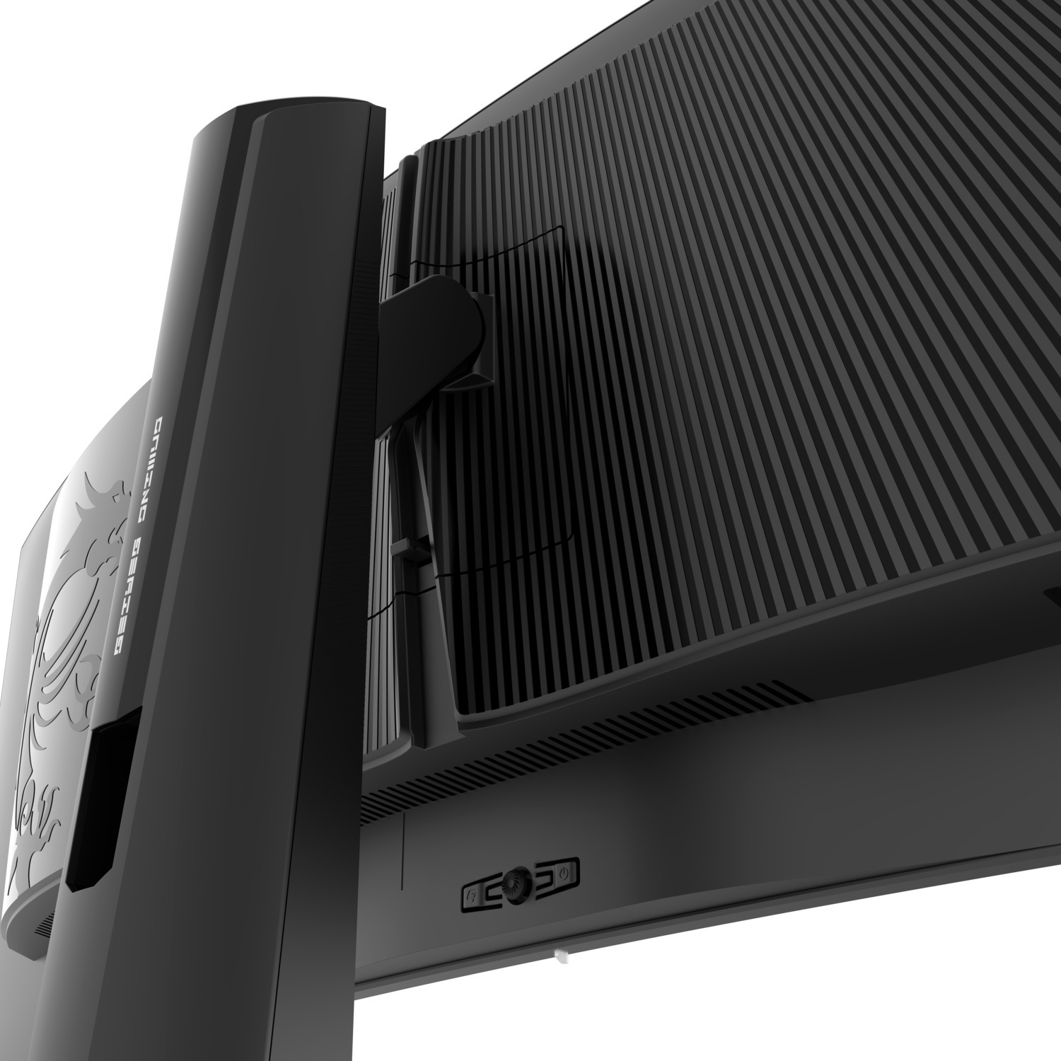 Gros plan de l'arrière d'un moniteur de jeu noir, montrant le support et la ventilation.