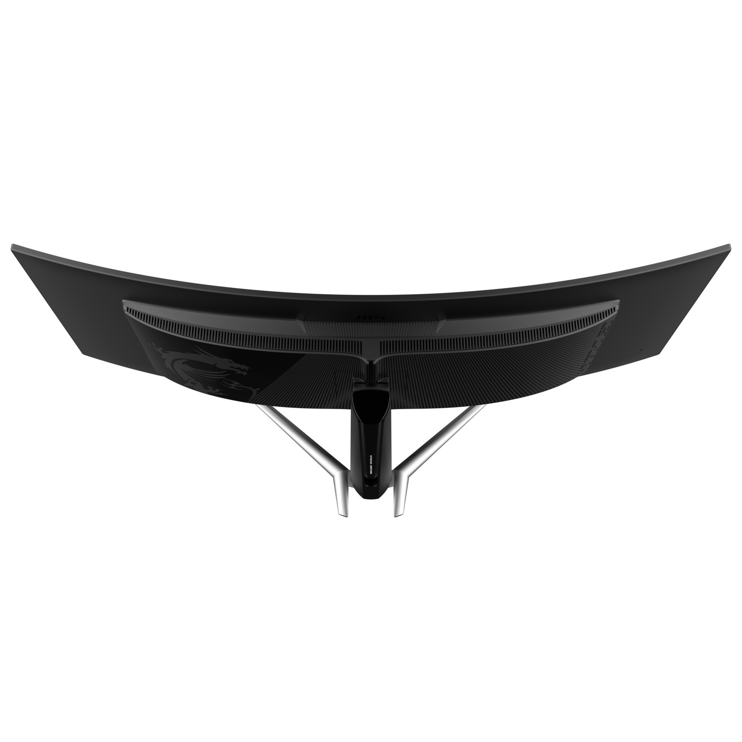 Moniteur noir incurvé, vue de face, avec support argenté, logo MSI à l'arrière.