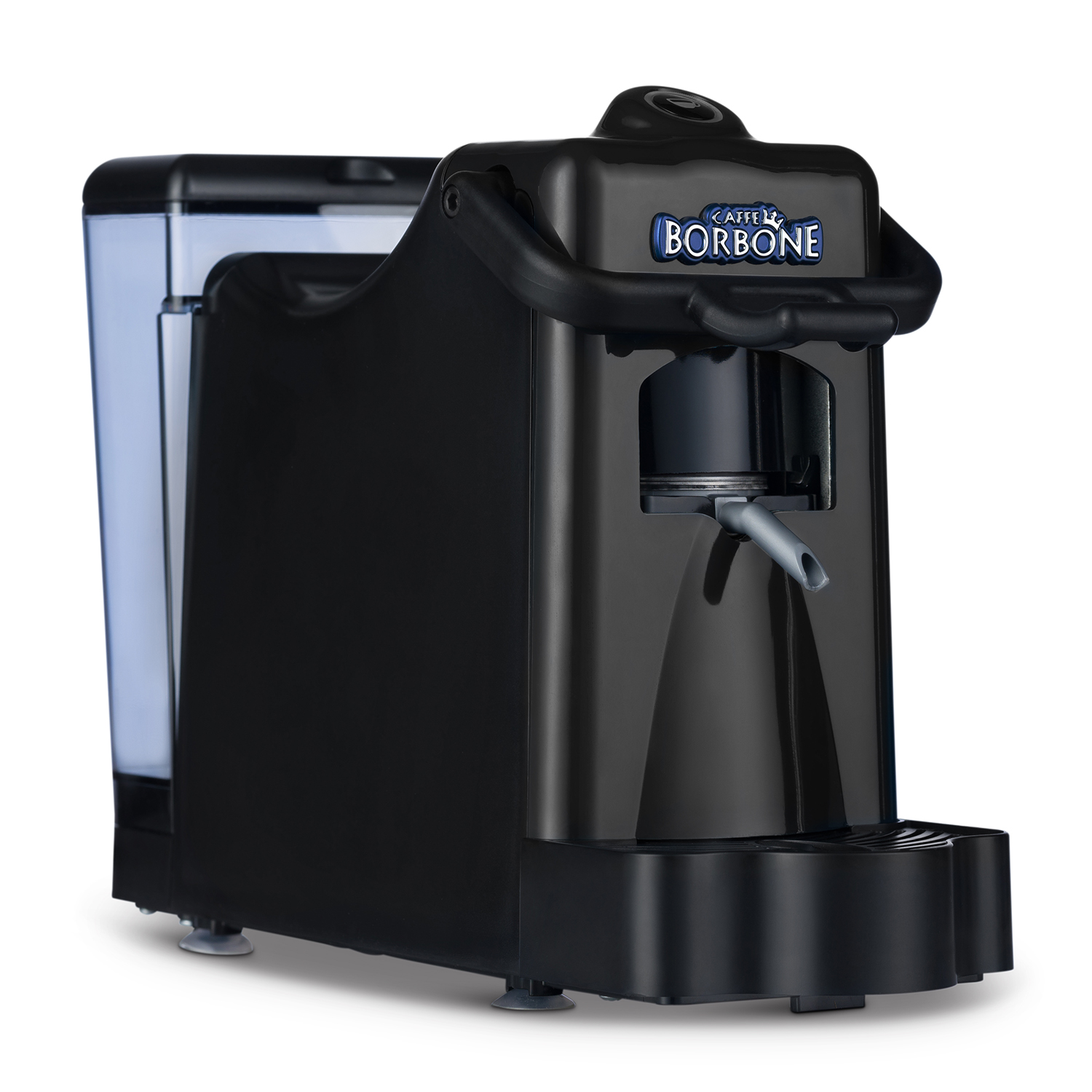 Una macchina da caffè Borbone nera con serbatoio dell'acqua e beccuccio per erogare il caffè.