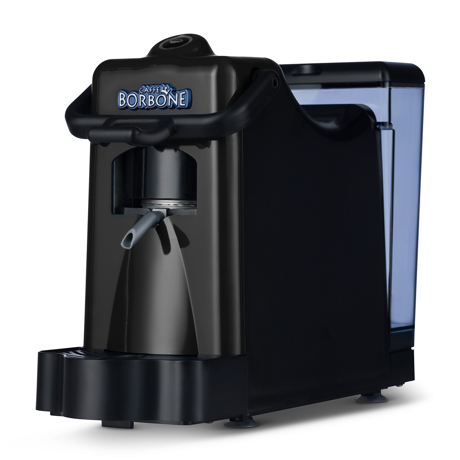 Macchina da caffè Caffe Borbone nera. Ha un serbatoio dell'acqua sul lato destro.