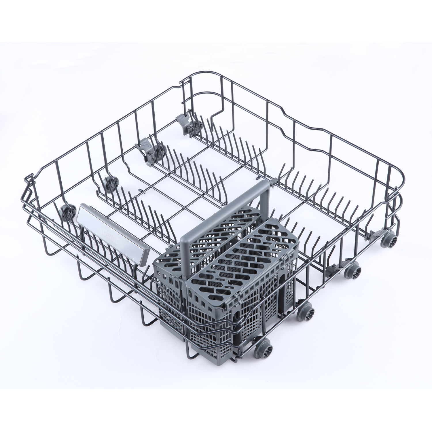 Vaatwaskorf, met het frame van de mand en de grijze bestekhouder.