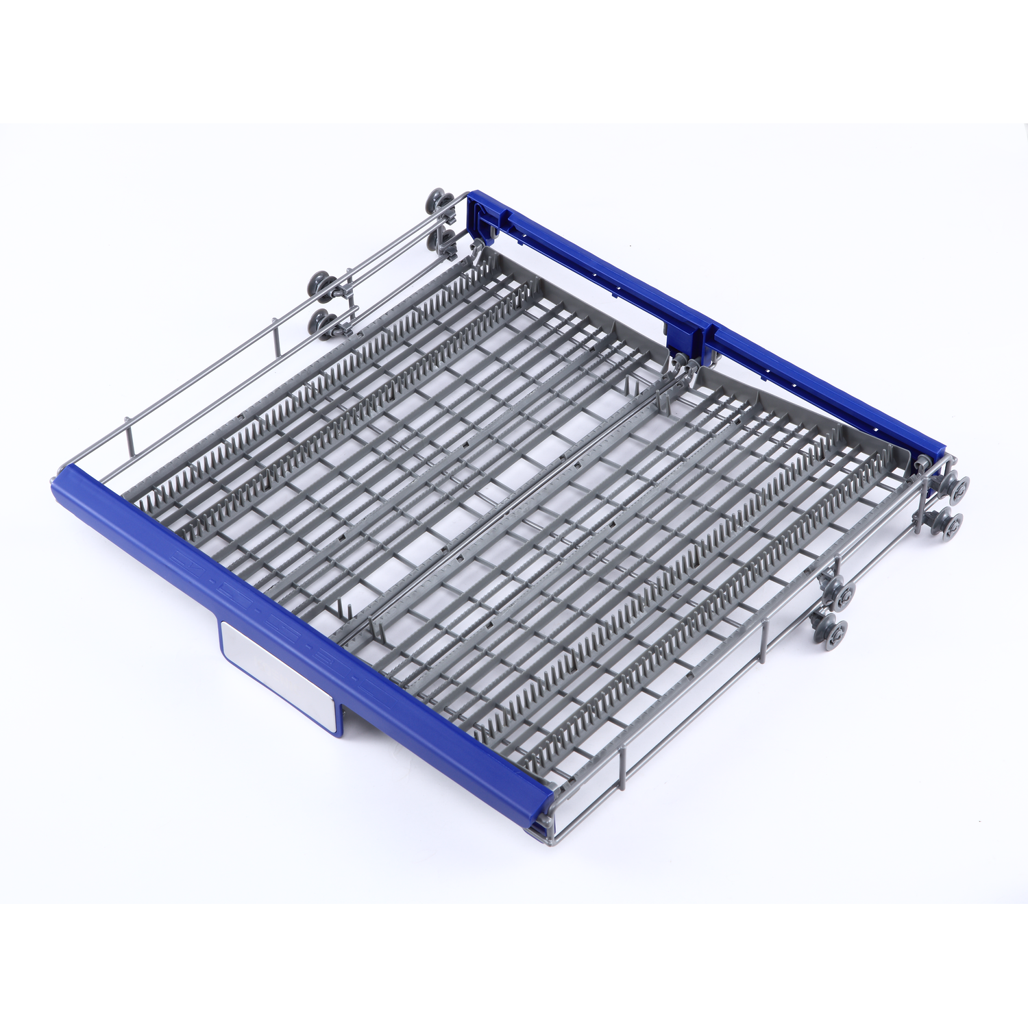 Een vaatwasserrek, blauw frame, met grijze verdelers en wielen.