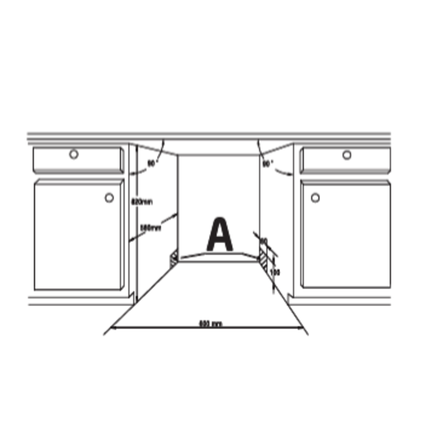 Diagram van een aanrecht, met afmetingen.