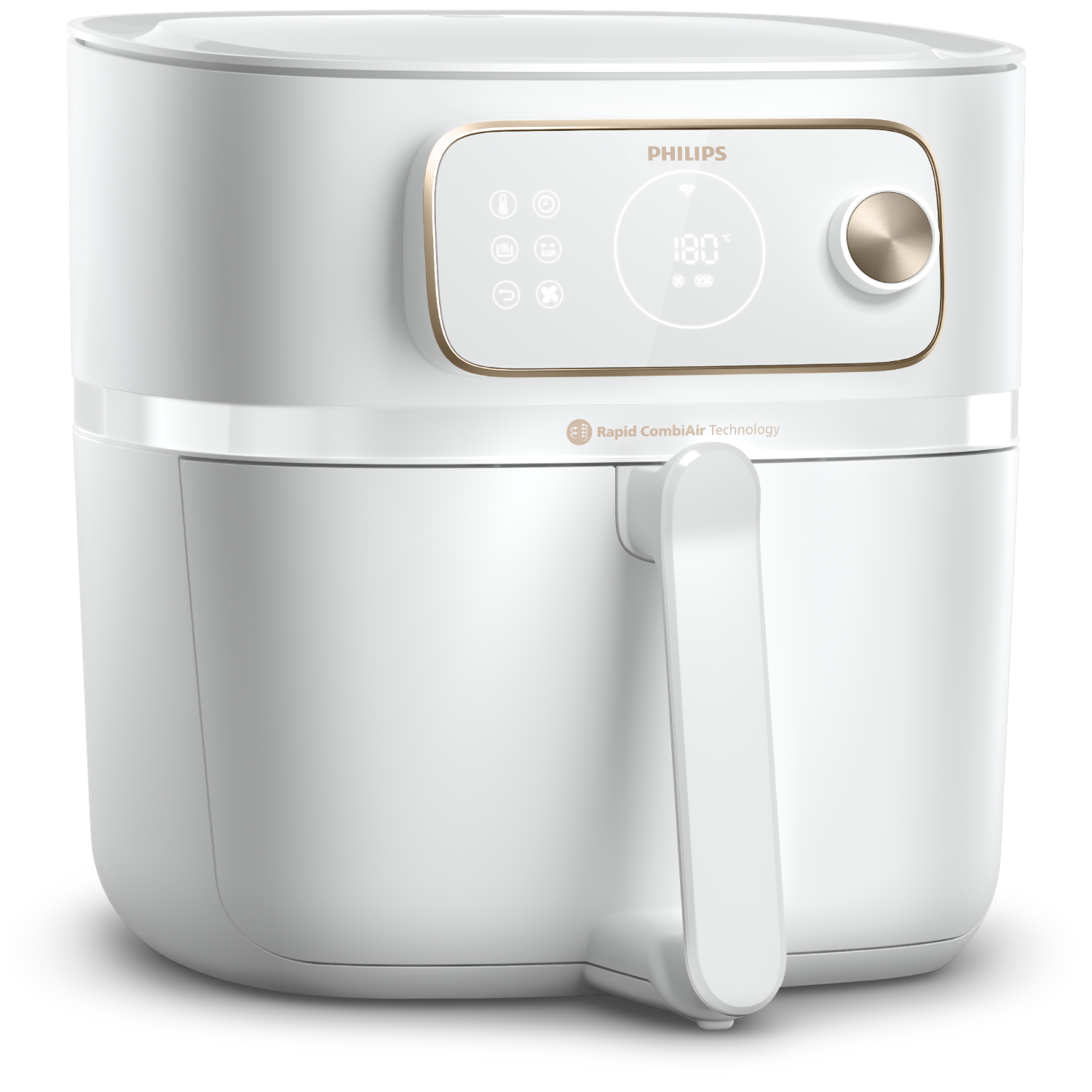 Fehér Philips légkeveréses sütő. Digitális kijelző 180 fokot mutat. Fogantyú, Rapid CombiAir Technology címke látható.