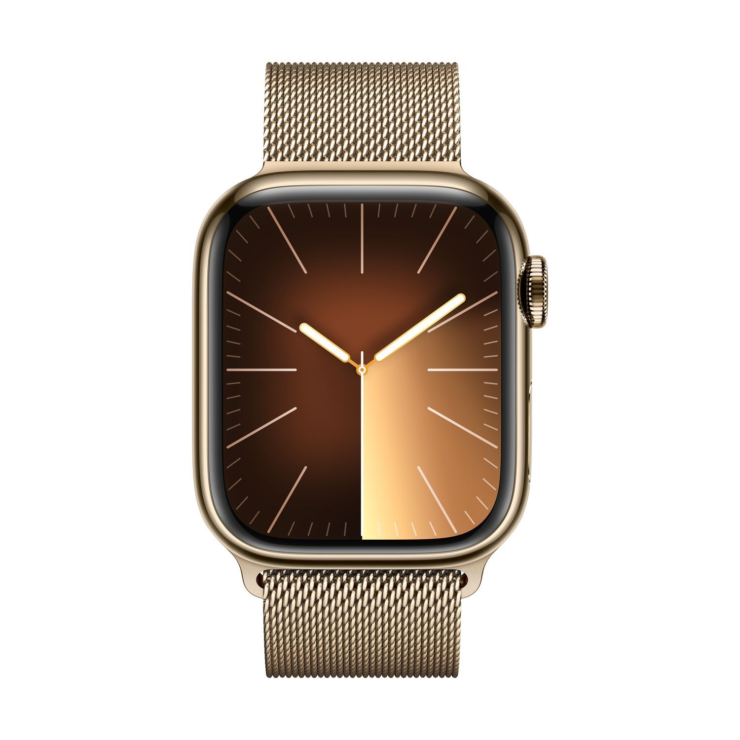 Gouden smartwatch met een gouden mesh band en een bruine gradiënt wijzerplaat.