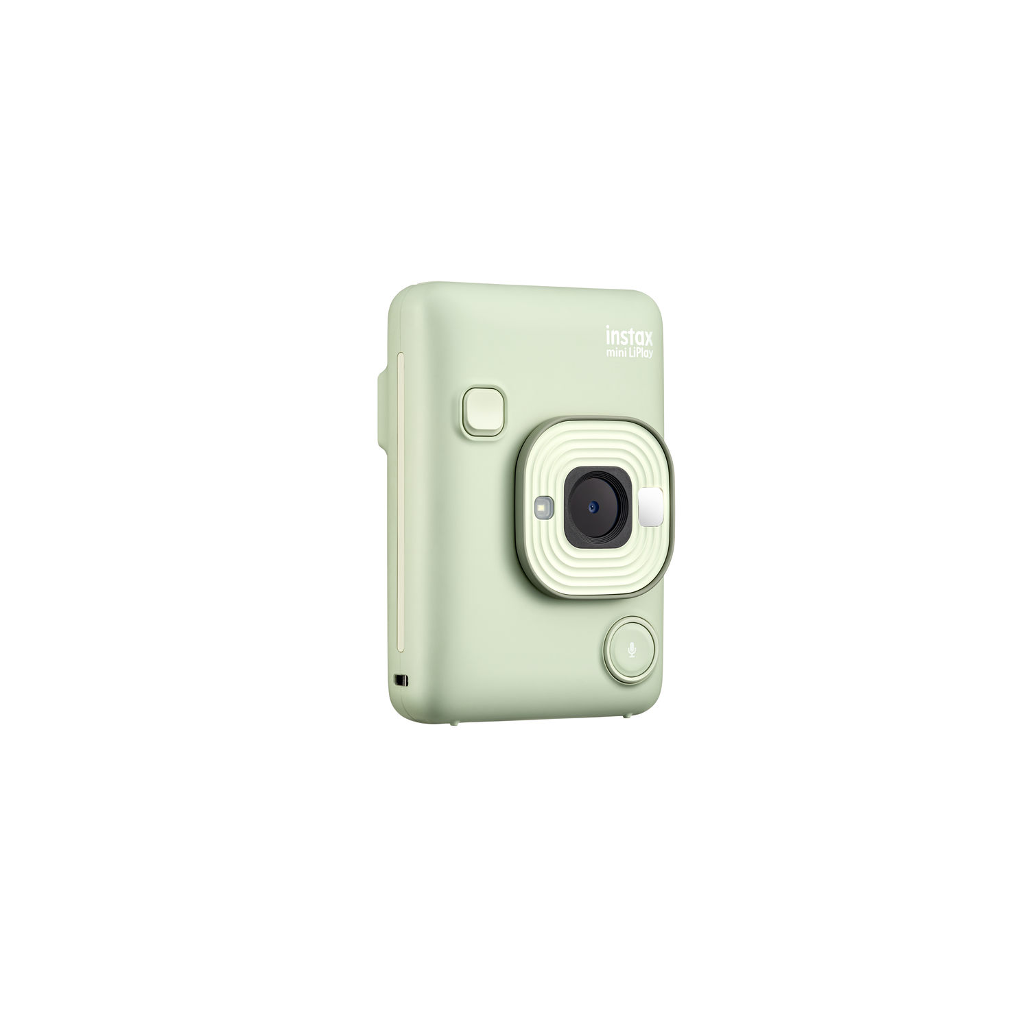 Mintgroene Instax Mini LiPlay camera. Vooraanzicht. Zwarte lens, witte knop en microfoon.