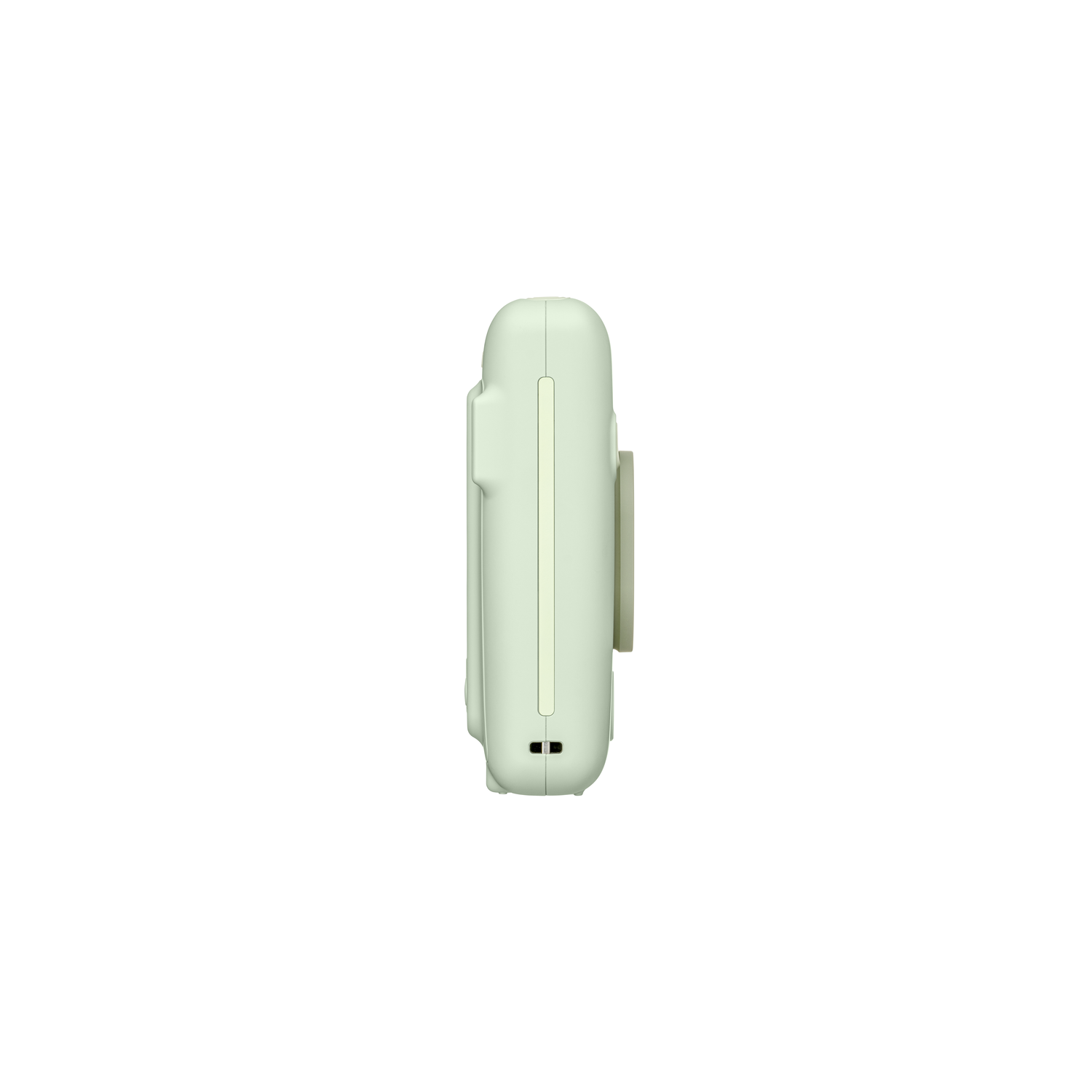 Een lichtgroene instant camera, zijaanzicht, met een knop en een kleine poort.