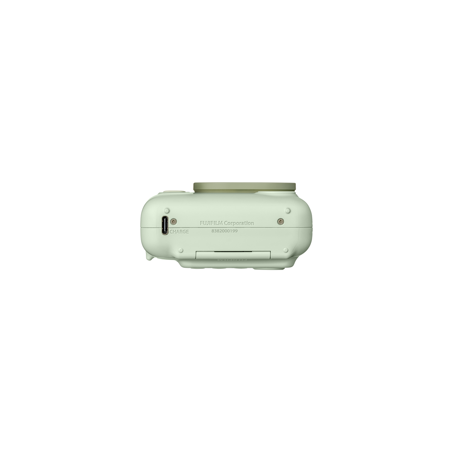 Een lichtgroene camera, bovenaanzicht.