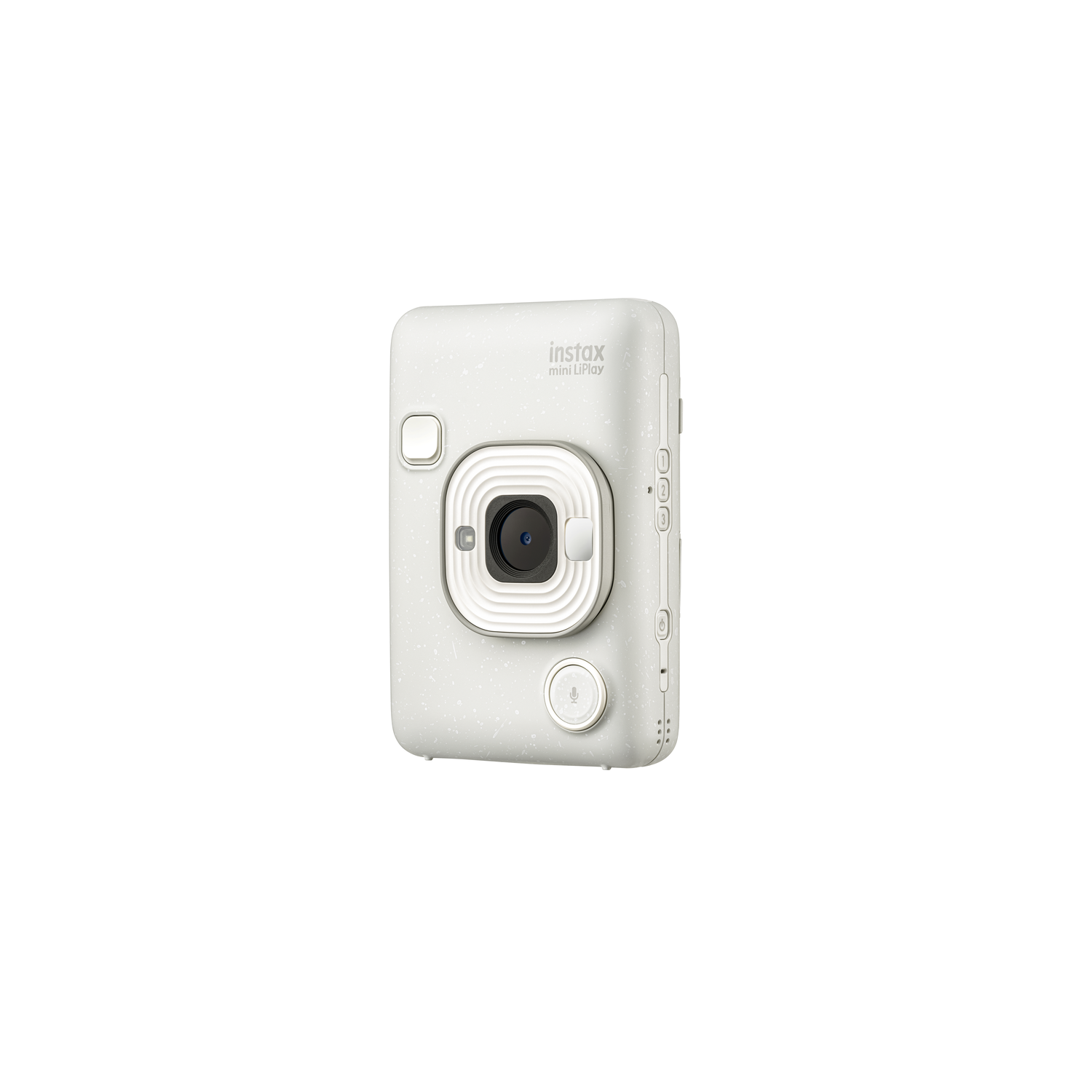 Witte Instax Mini LiPlay camera met lens en knoppen.