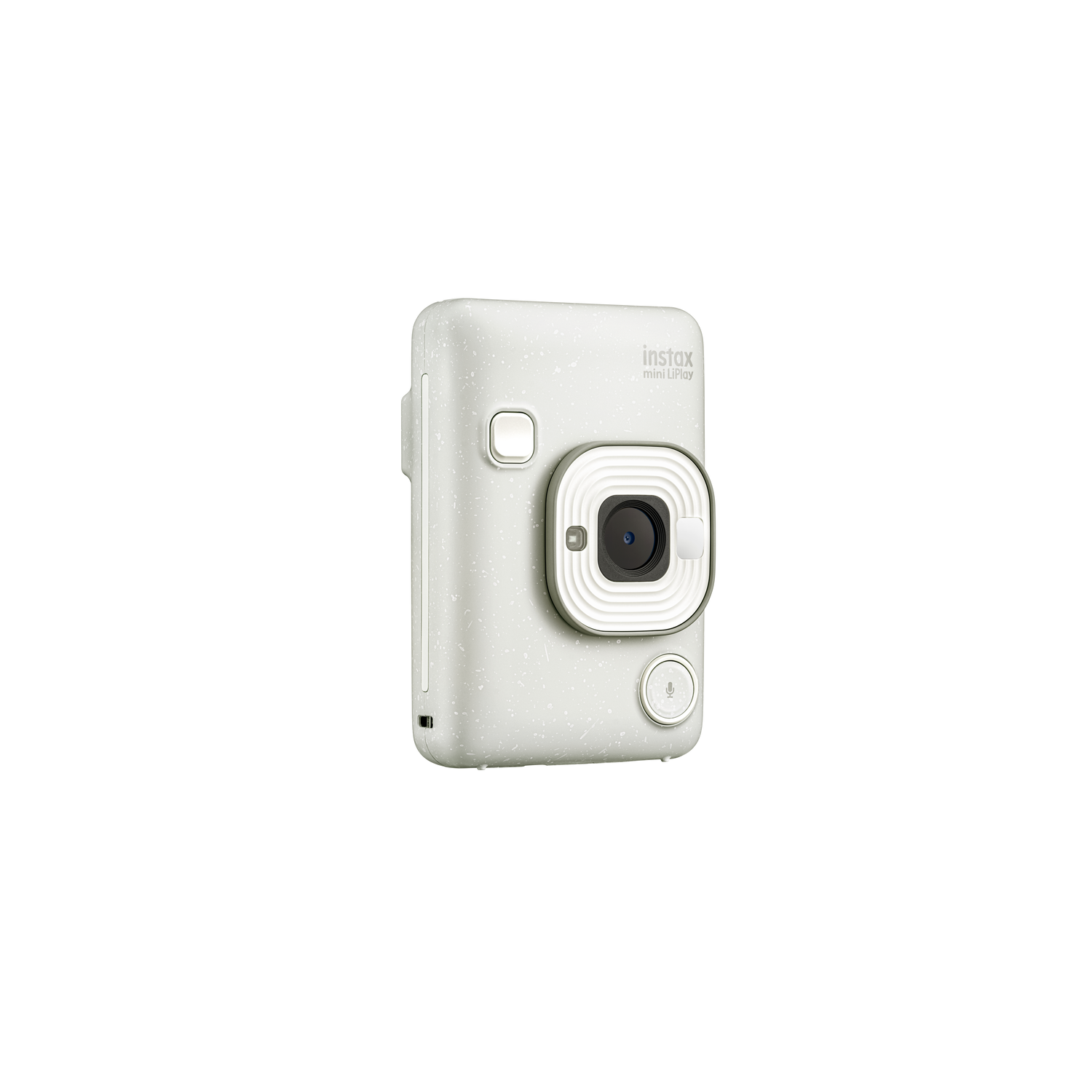 Witte Instax Mini LiPlay camera. Vooraanzicht, met lens en knoppen.