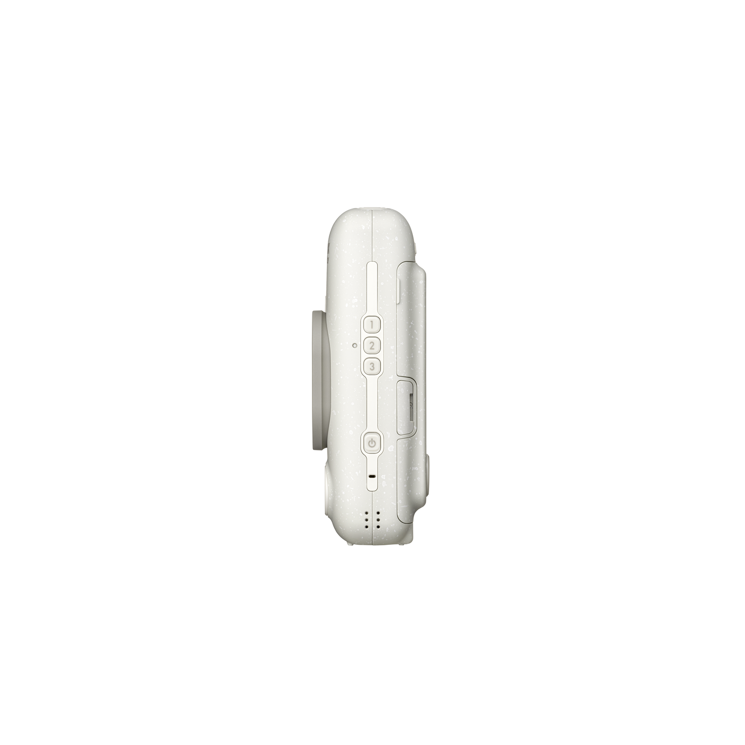 Witte instantcamera, zijaanzicht, met knoppen en een lens. Stippen en een aan/uit-knop.