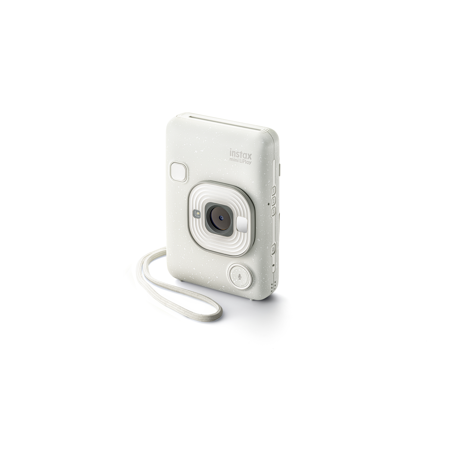Een witte Instax Mini LiPlay camera, met een lens en een microfoon.
