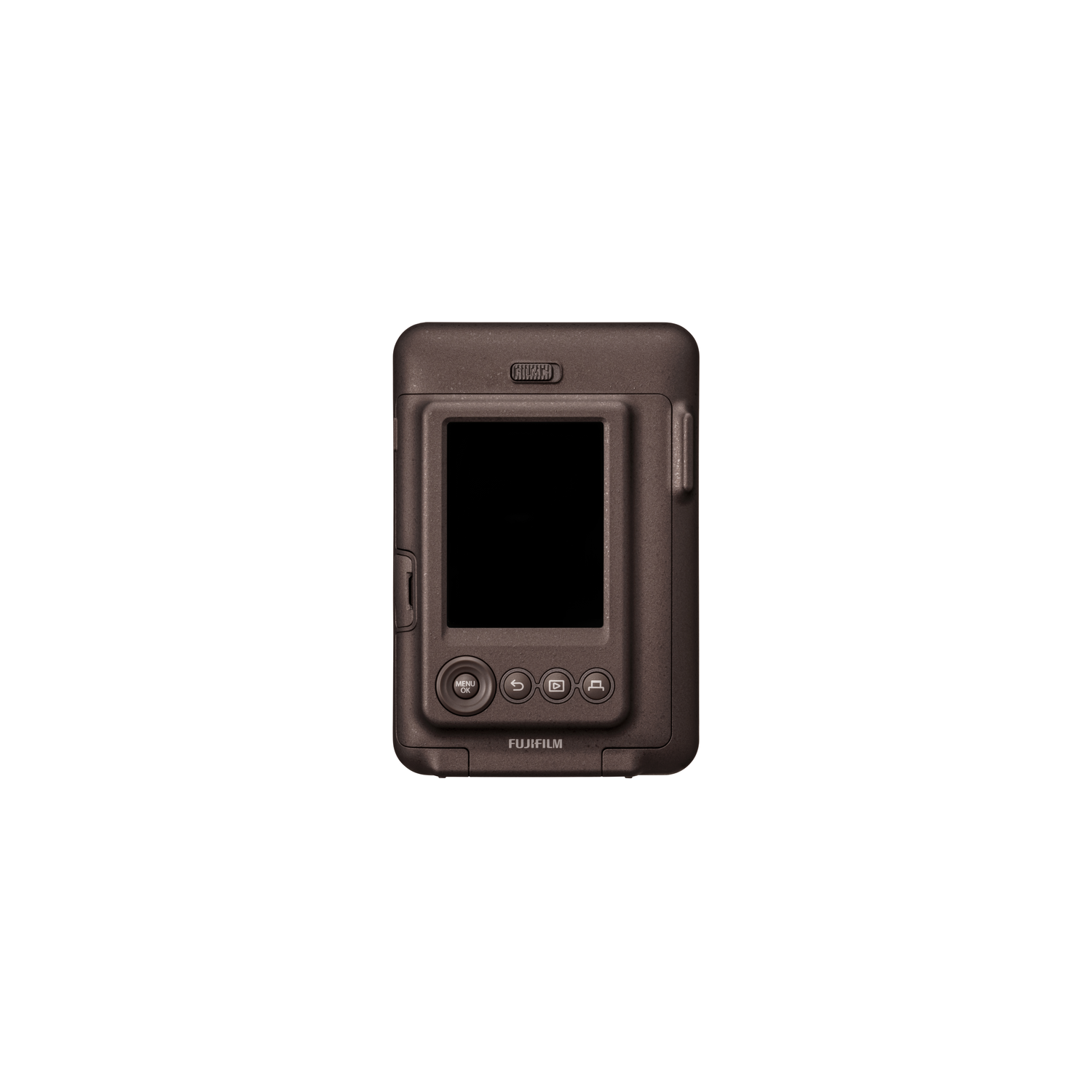 Een bruine instantcamera met knoppen en een zwart scherm.