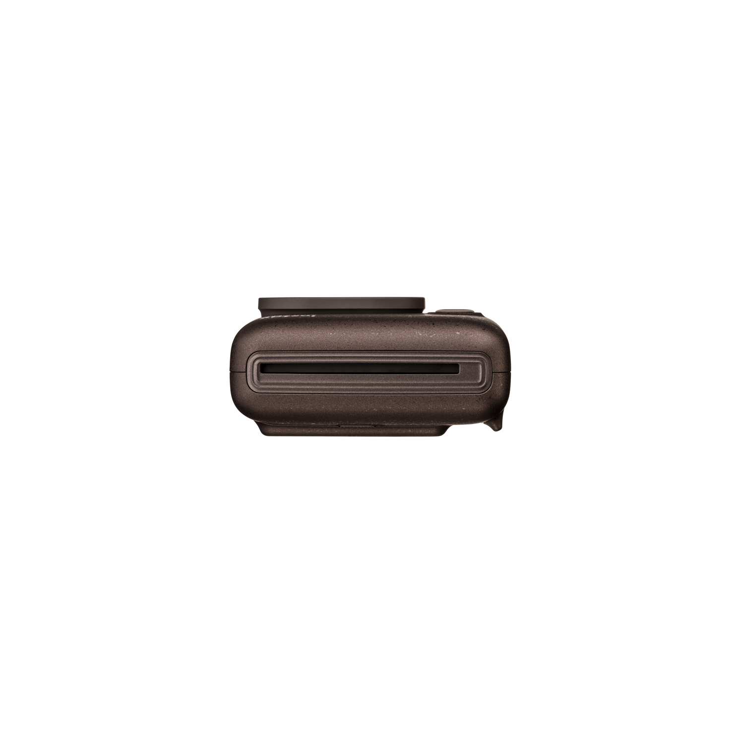 Een donkerbruin instant camera-apparaat, bovenaanzicht. Toont de sleuf voor de foto's.