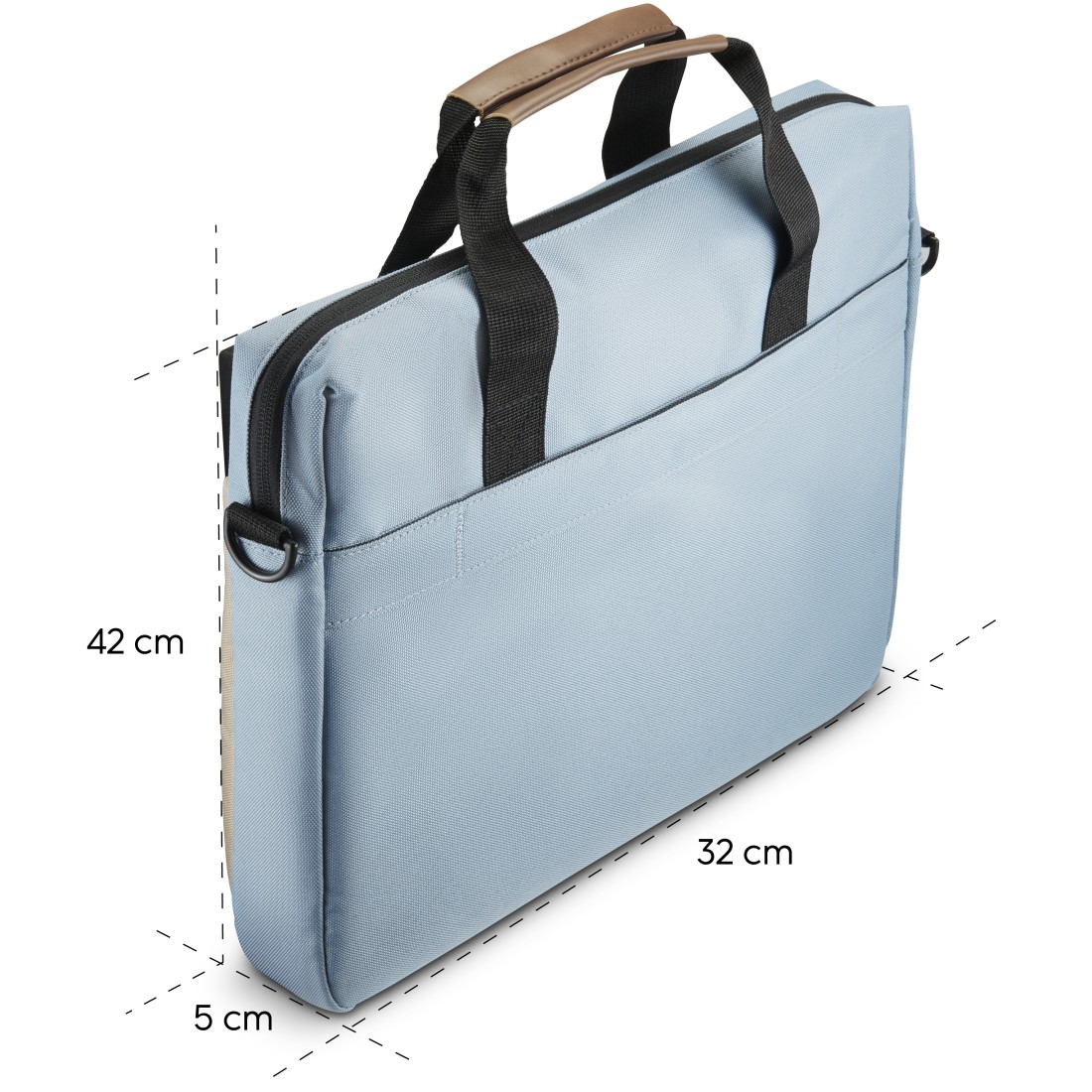 Blaue Laptoptasche mit Maßen: 42cm x 32cm x 5cm. Brauner Griff.