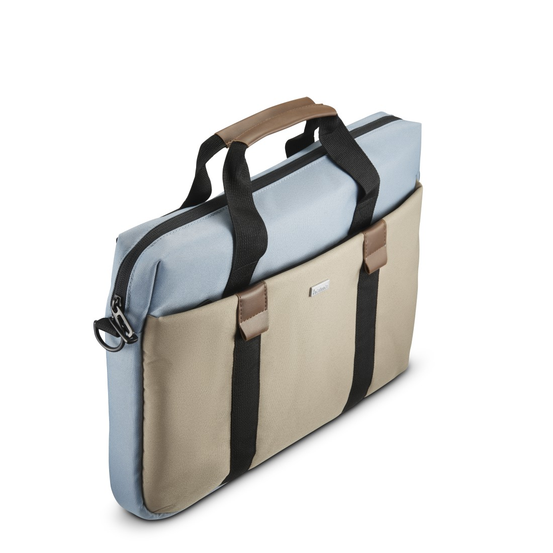 Hellblaue und beige Laptoptasche mit braunem Griff.