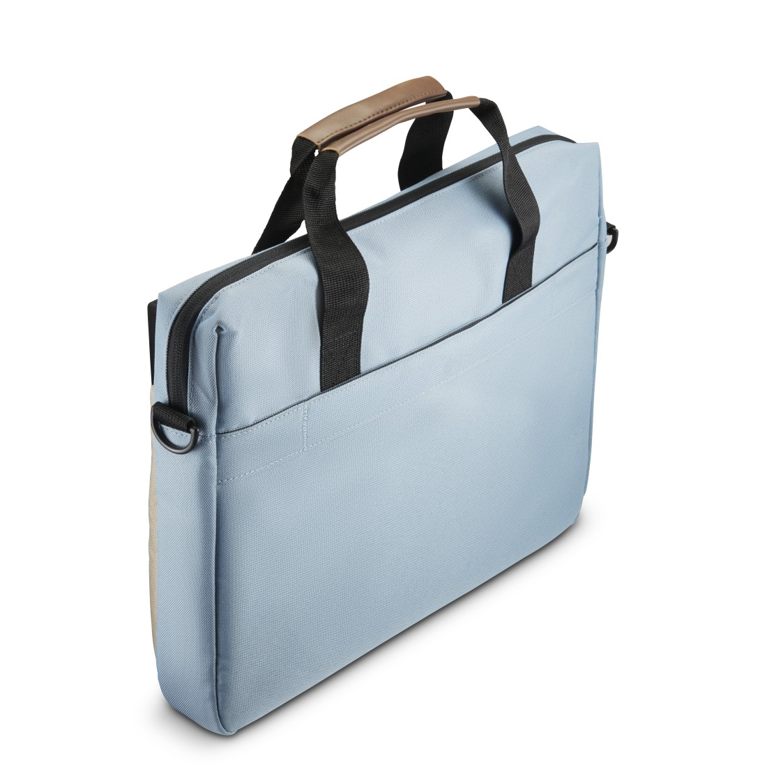Blaue und beige Laptoptasche. Griff oben. Schwarzer Gurt und Ledergriff. Seitenansicht.