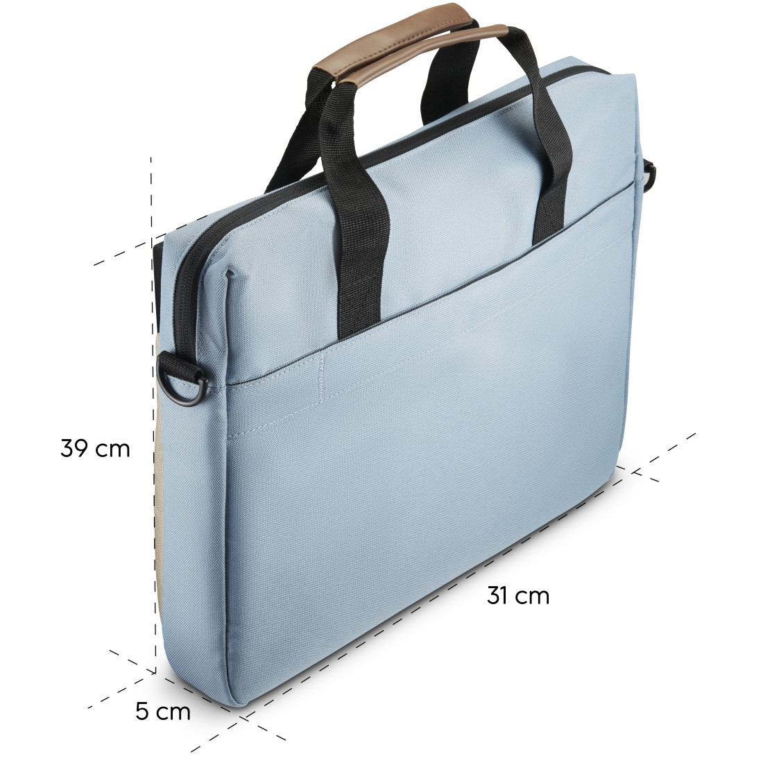 Eine blaue Laptoptasche mit den Maßen: 39 cm hoch, 31 cm breit und 5 cm dick, mit einem braunen Griff.