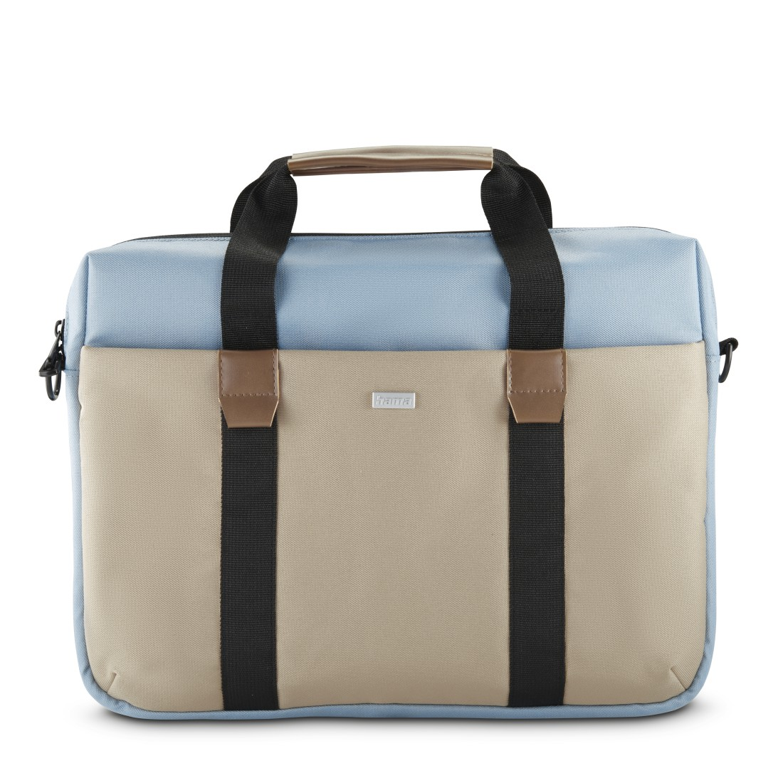 Eine blau-beige Aktentasche mit schwarzen Riemen. Die Aktentasche hat einen Griff und ein kleines silbernes Logo.